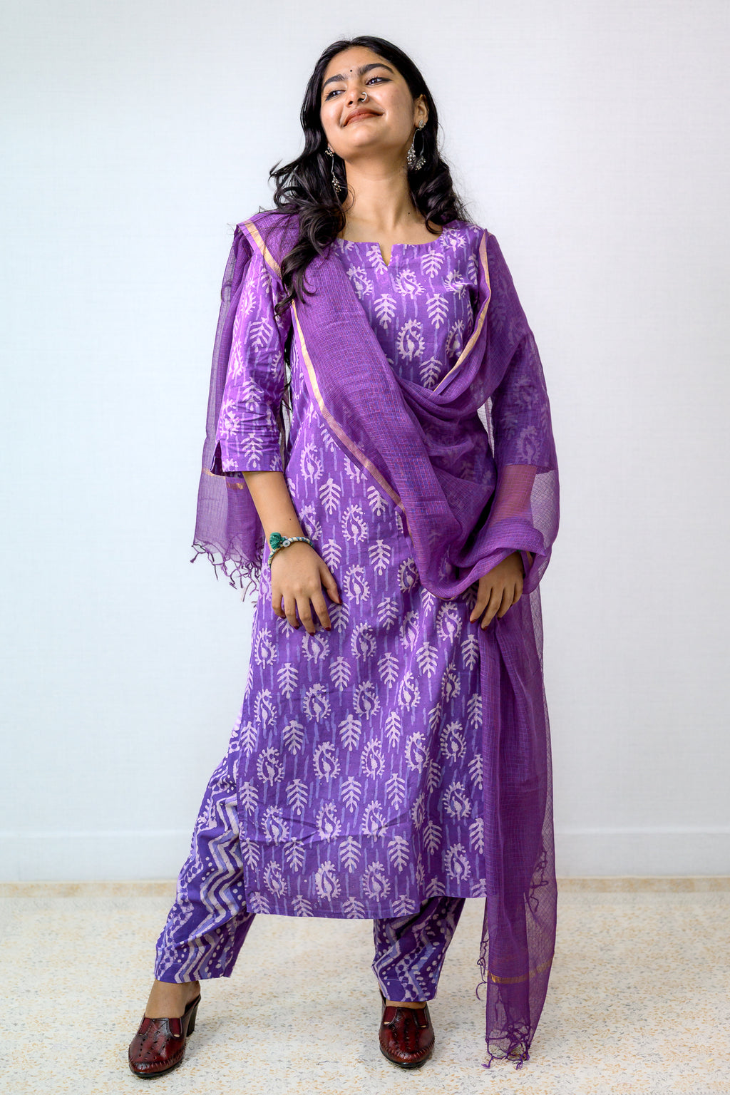 Set of 2- Lavender Bagru Straight Kurta and Pants