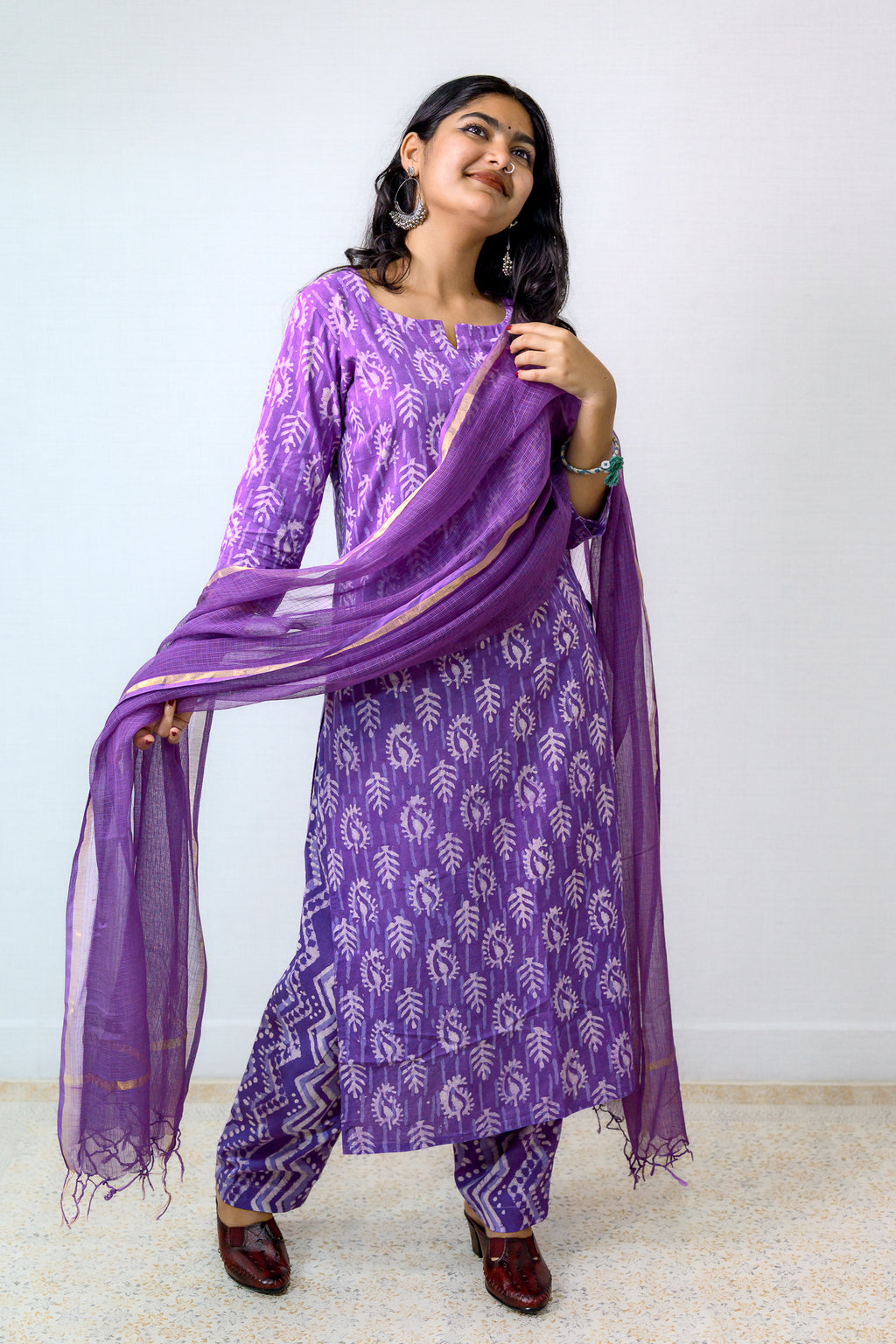Set of 2- Lavender Bagru Straight Kurta and Pants