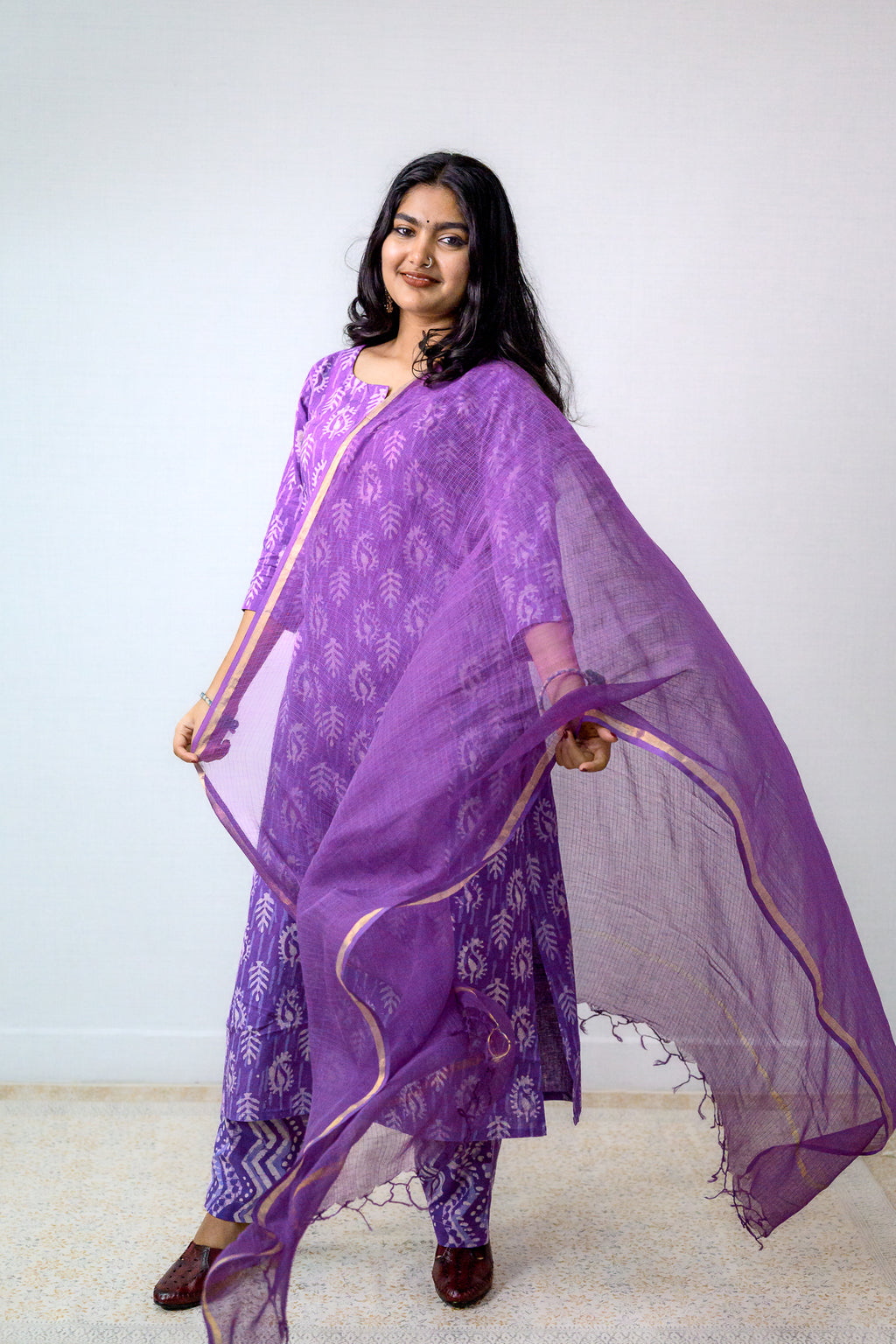 Set of 2- Lavender Bagru Straight Kurta and Pants