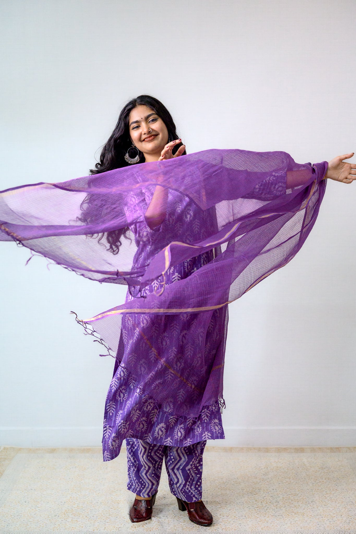 Set of 2- Lavender Bagru Straight Kurta and Pants