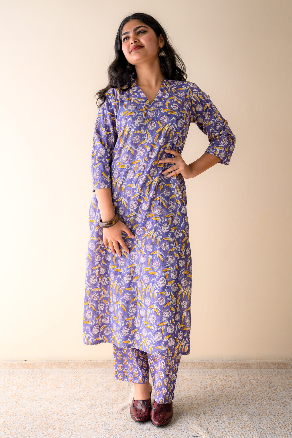 Set of 2- Ziya Lavender Sanganeri Cotton Kurta & Pants Set