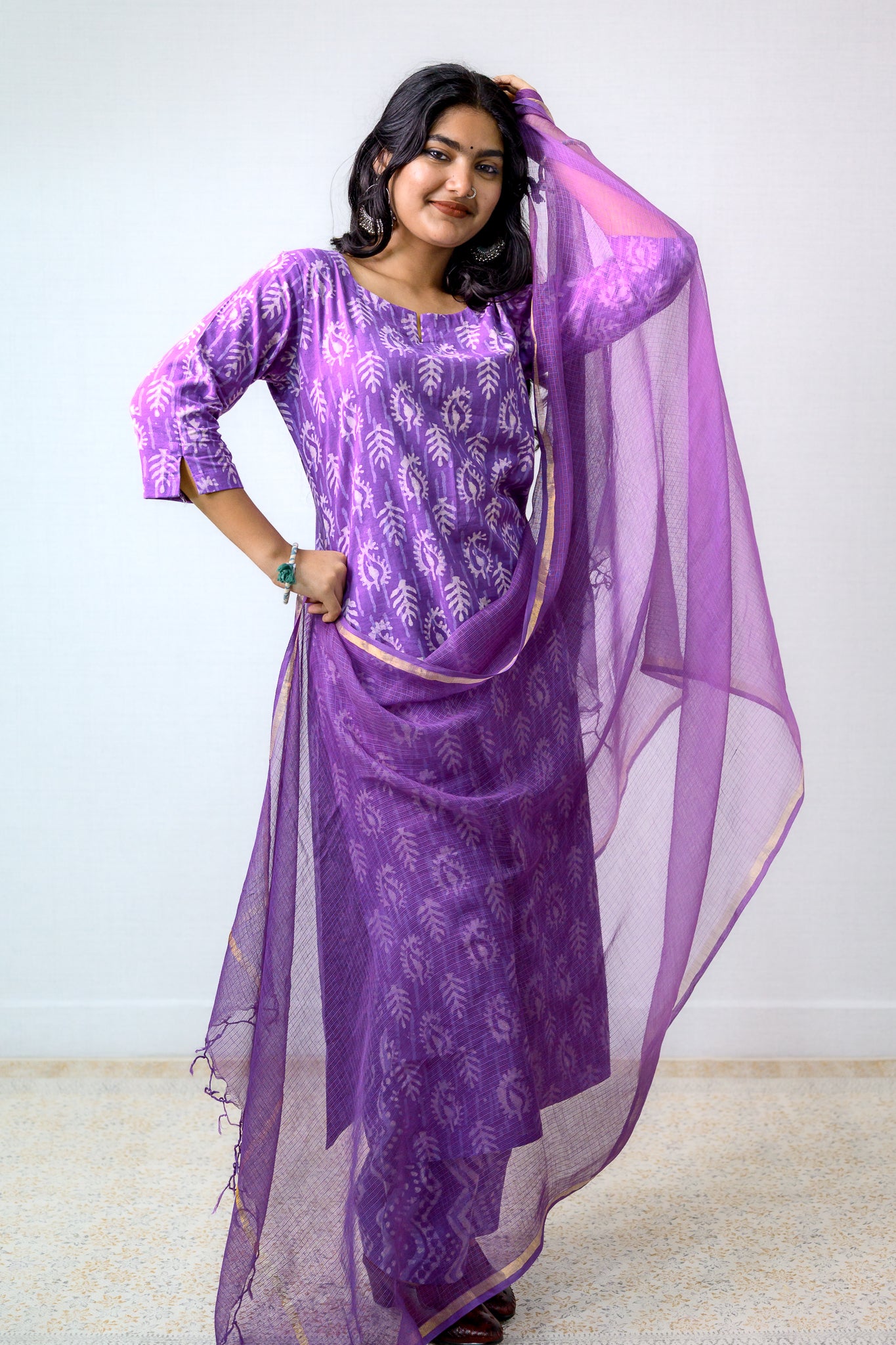 Set of 2- Lavender Bagru Straight Kurta and Pants