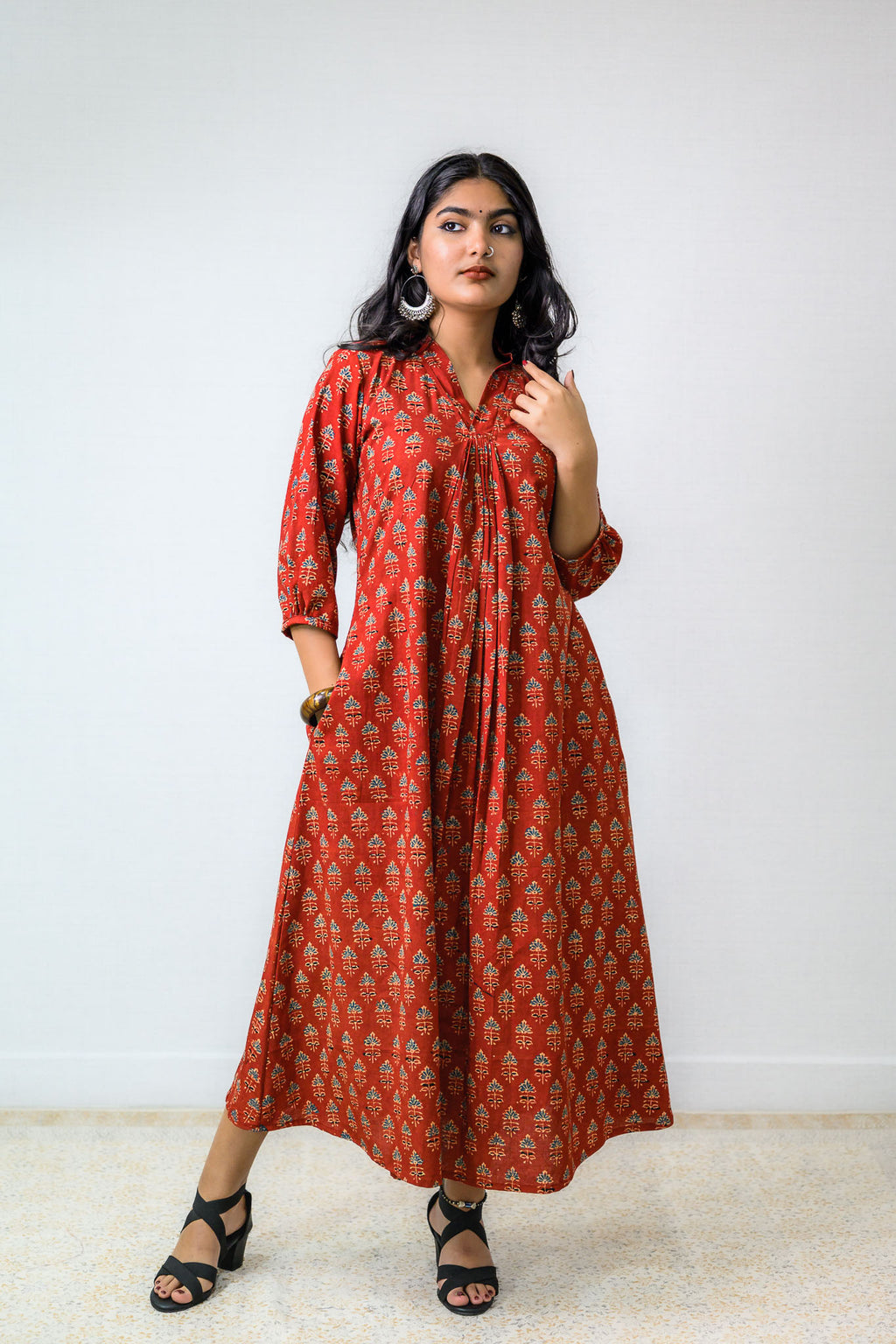 Madder Red Tulips Ajrakh Cotton Dress