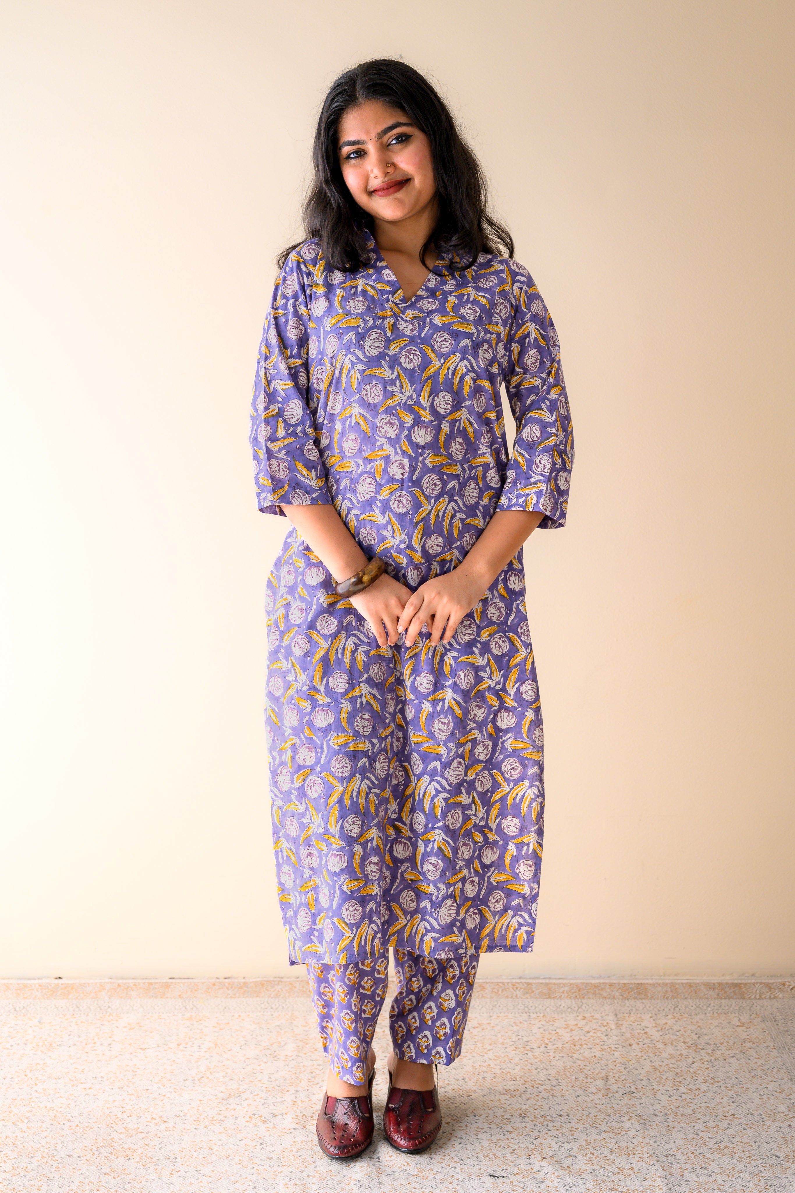 Set of 2- Ziya Lavender Sanganeri Cotton Kurta & Pants Set