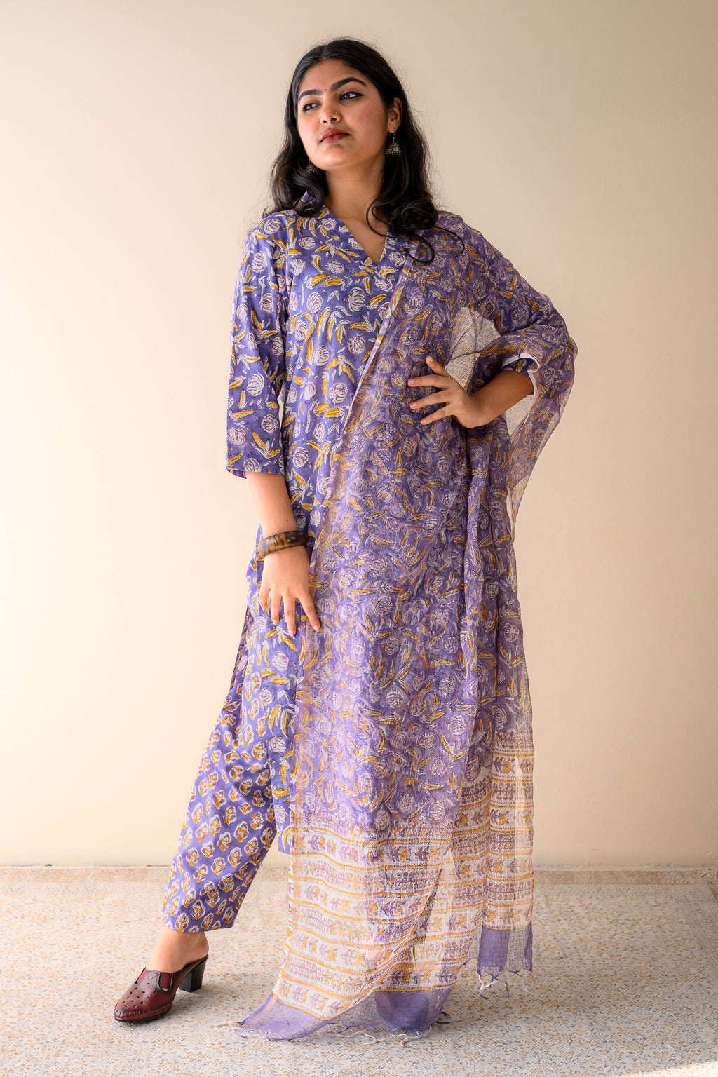 Set of 2- Ziya Lavender Sanganeri Cotton Kurta & Pants Set