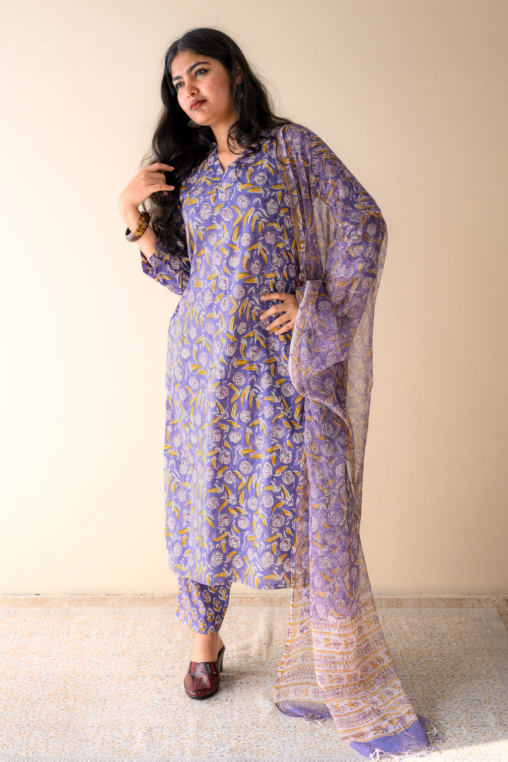 Set of 2- Ziya Lavender Sanganeri Cotton Kurta & Pants Set