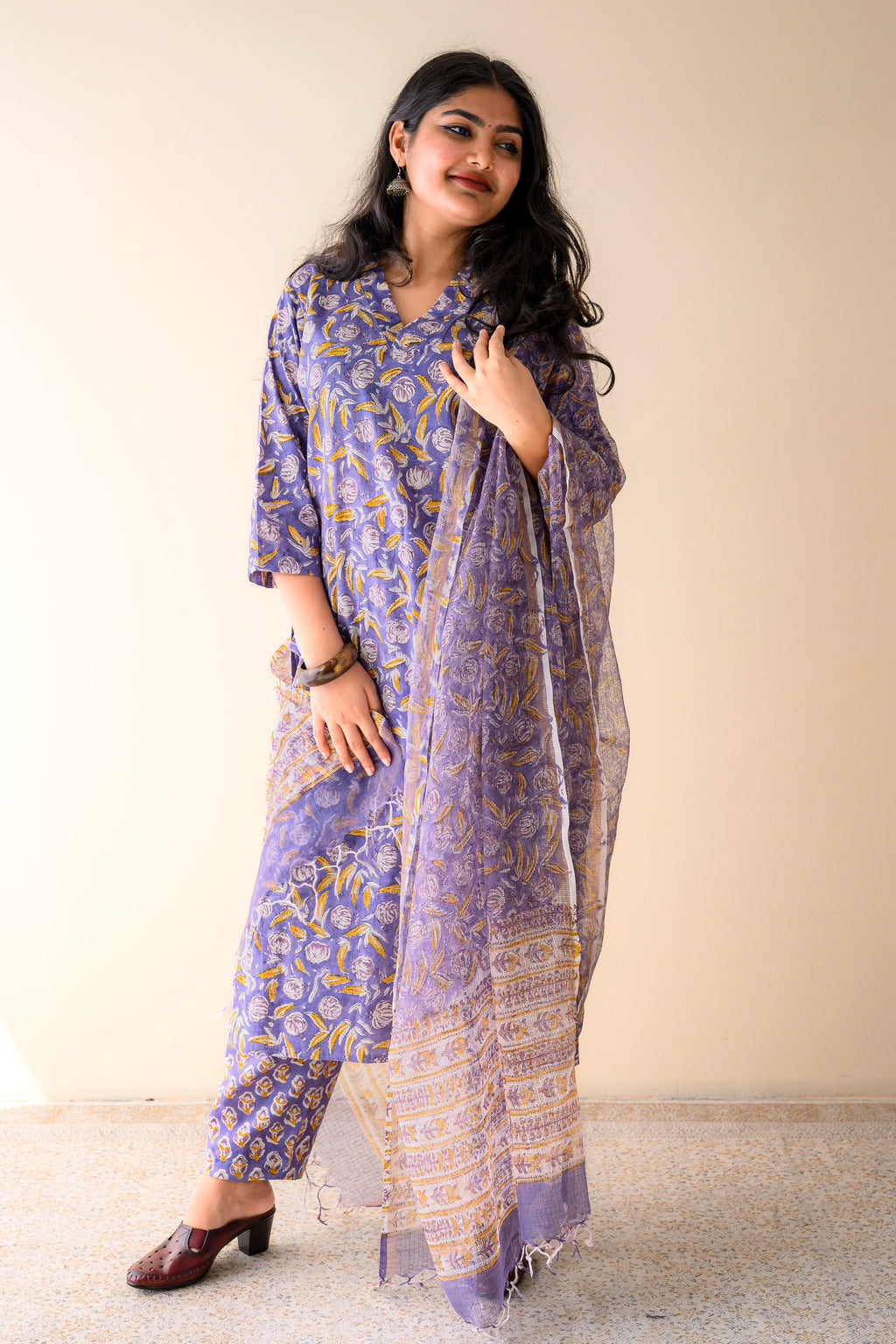 Set of 2- Ziya Lavender Sanganeri Cotton Kurta & Pants Set