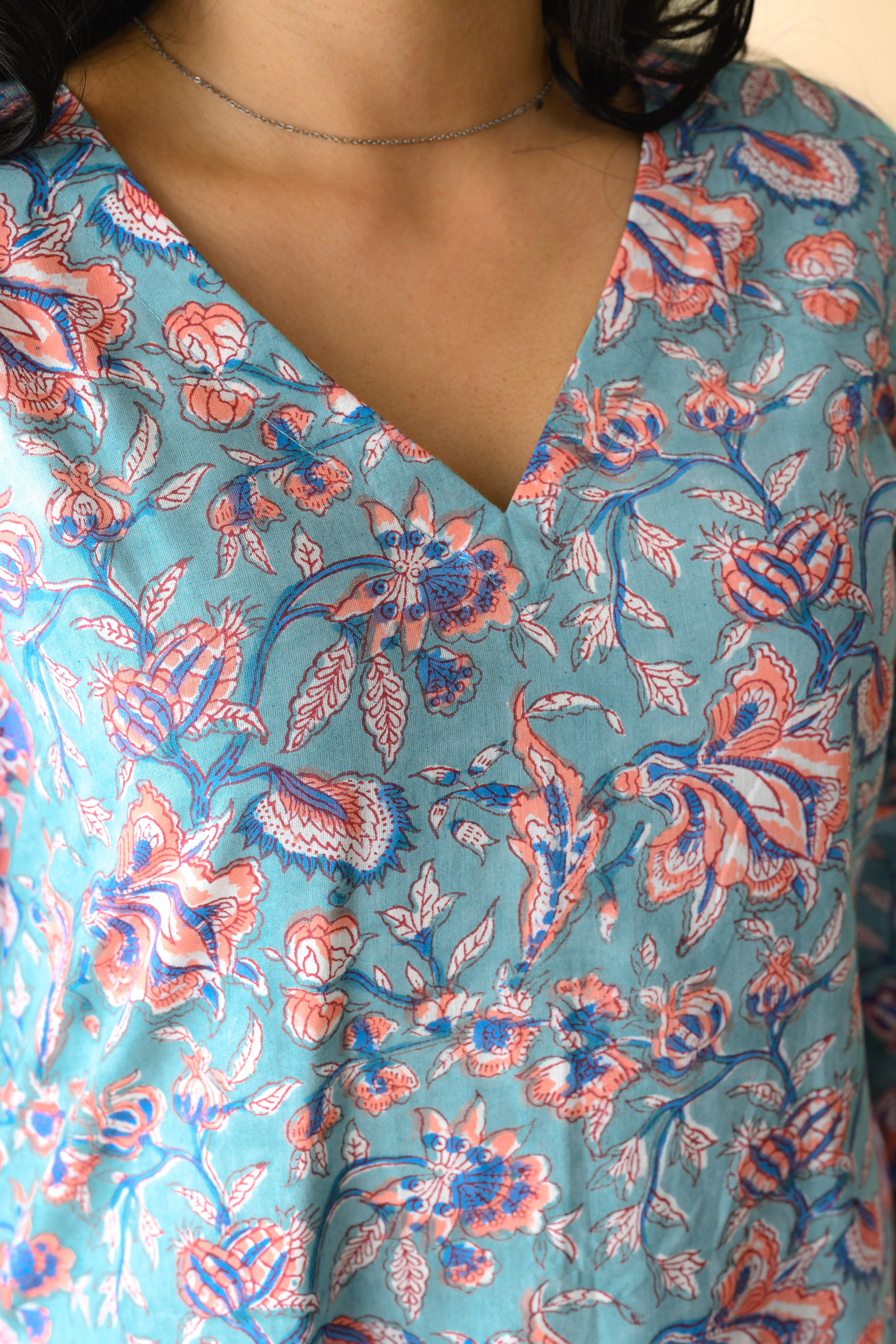 Set of 2- Ferozi Blue Sanganeri Cotton Kurta & Pants Set