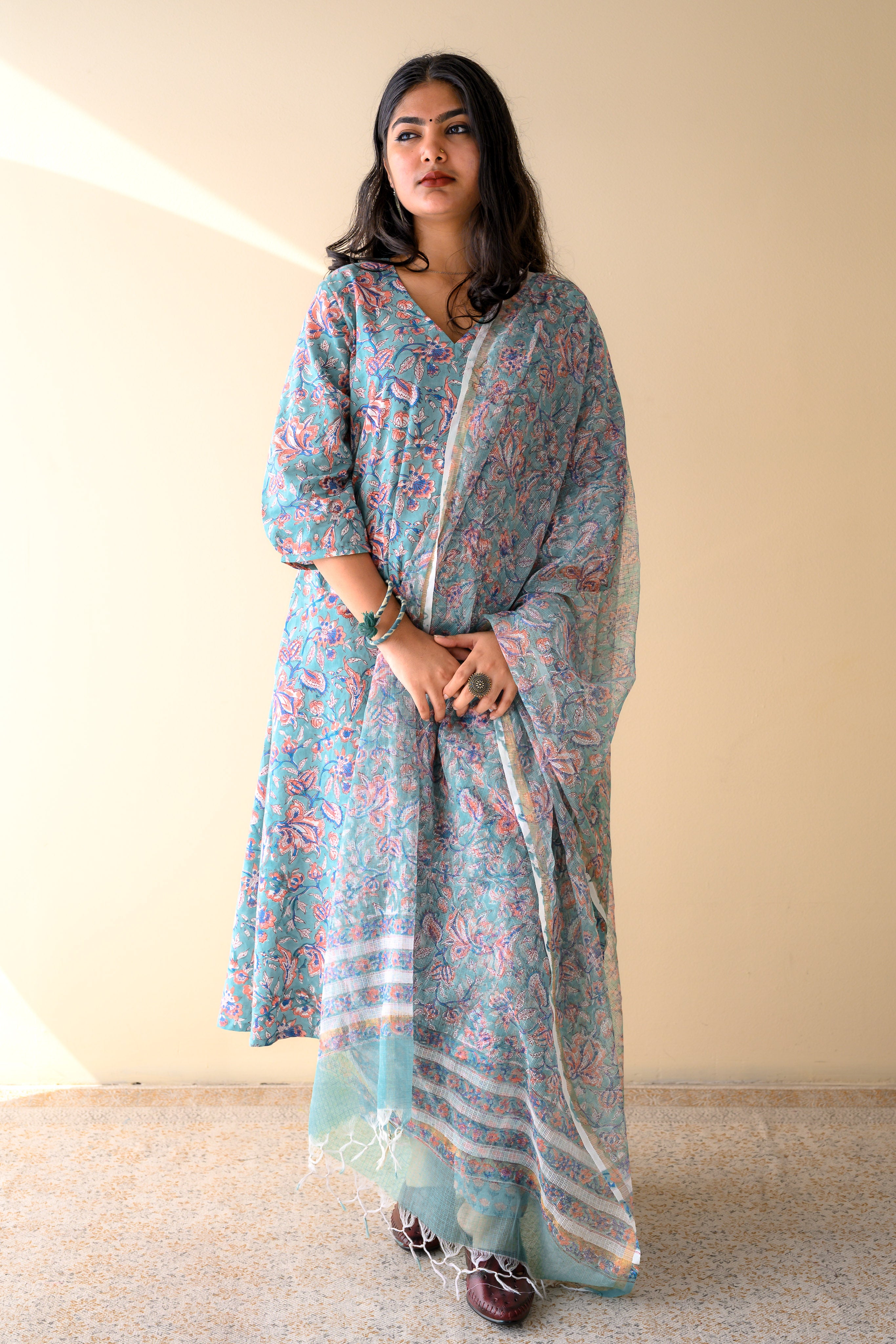 Set of 2- Ferozi Blue Sanganeri Cotton Kurta & Pants Set