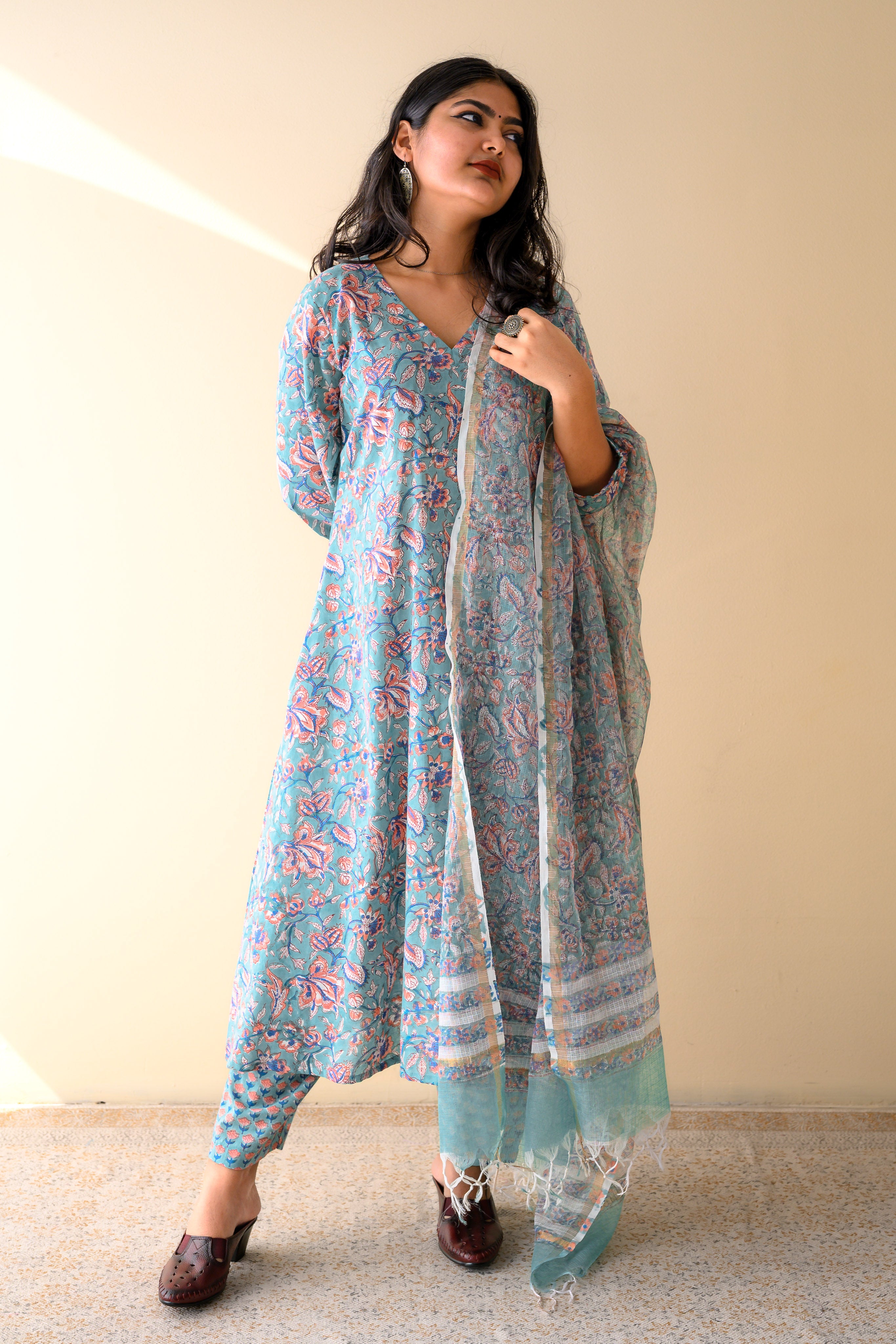 Ferozi Blue Sanganeri Hand Print Kota Doria Dupatta