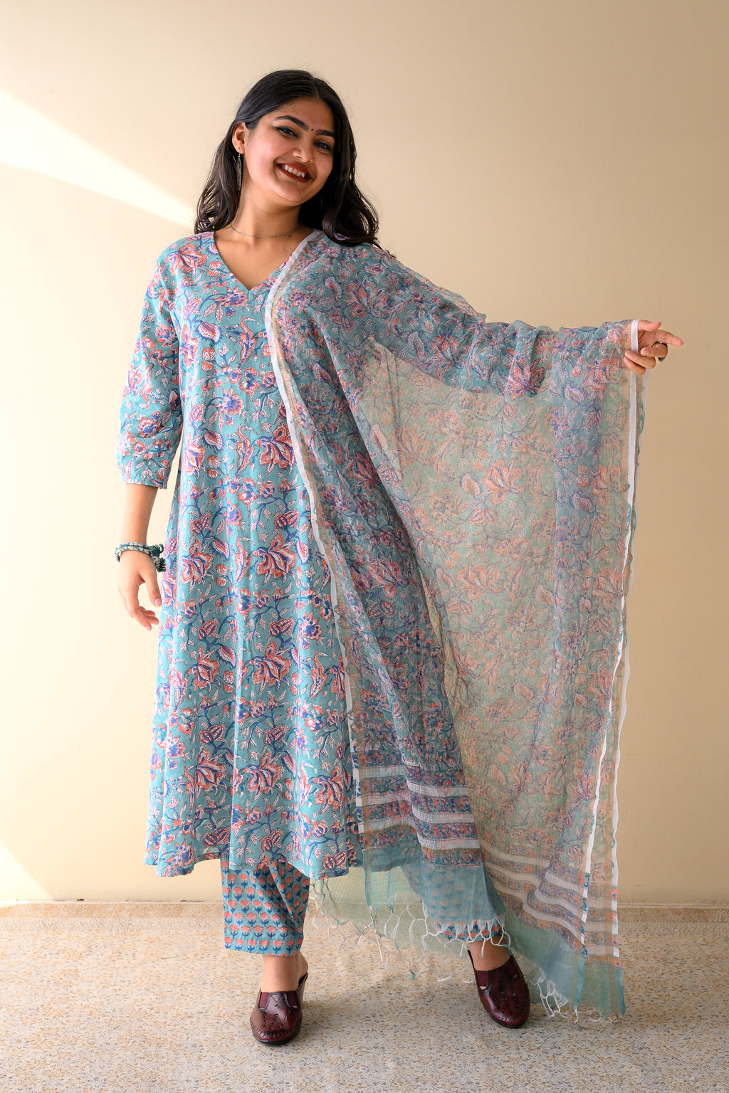 Ferozi Blue Sanganeri Hand Print Kota Doria Dupatta