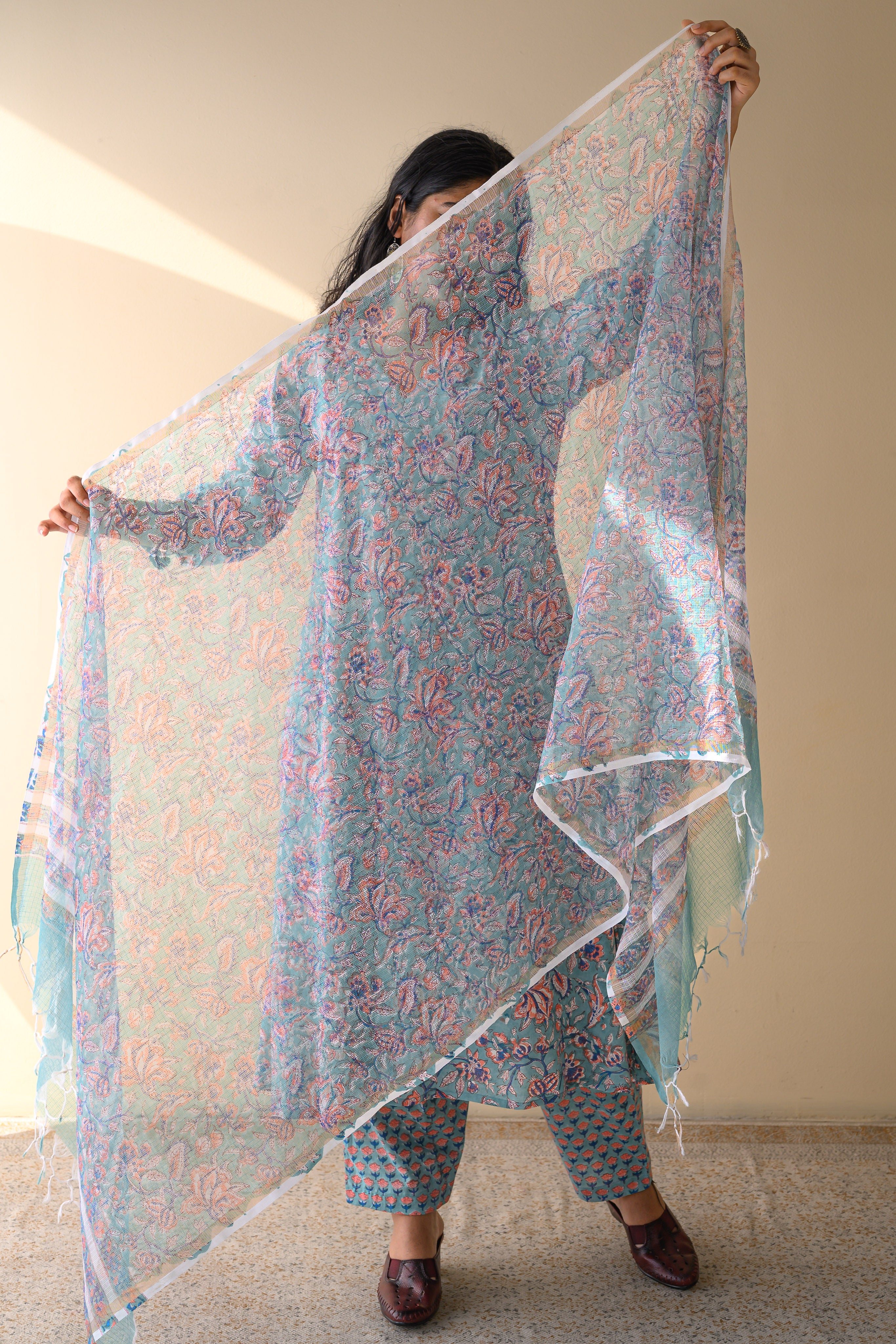 Ferozi Blue Sanganeri Hand Print Kota Doria Dupatta
