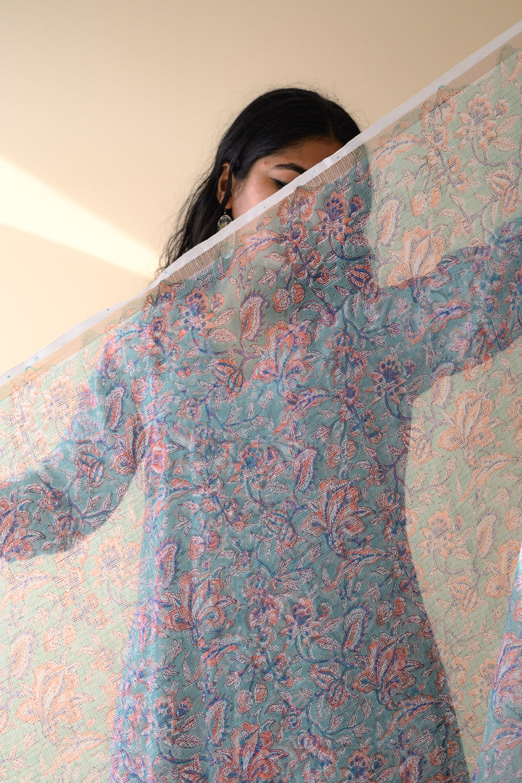 Ferozi Blue Sanganeri Hand Print Kota Doria Dupatta