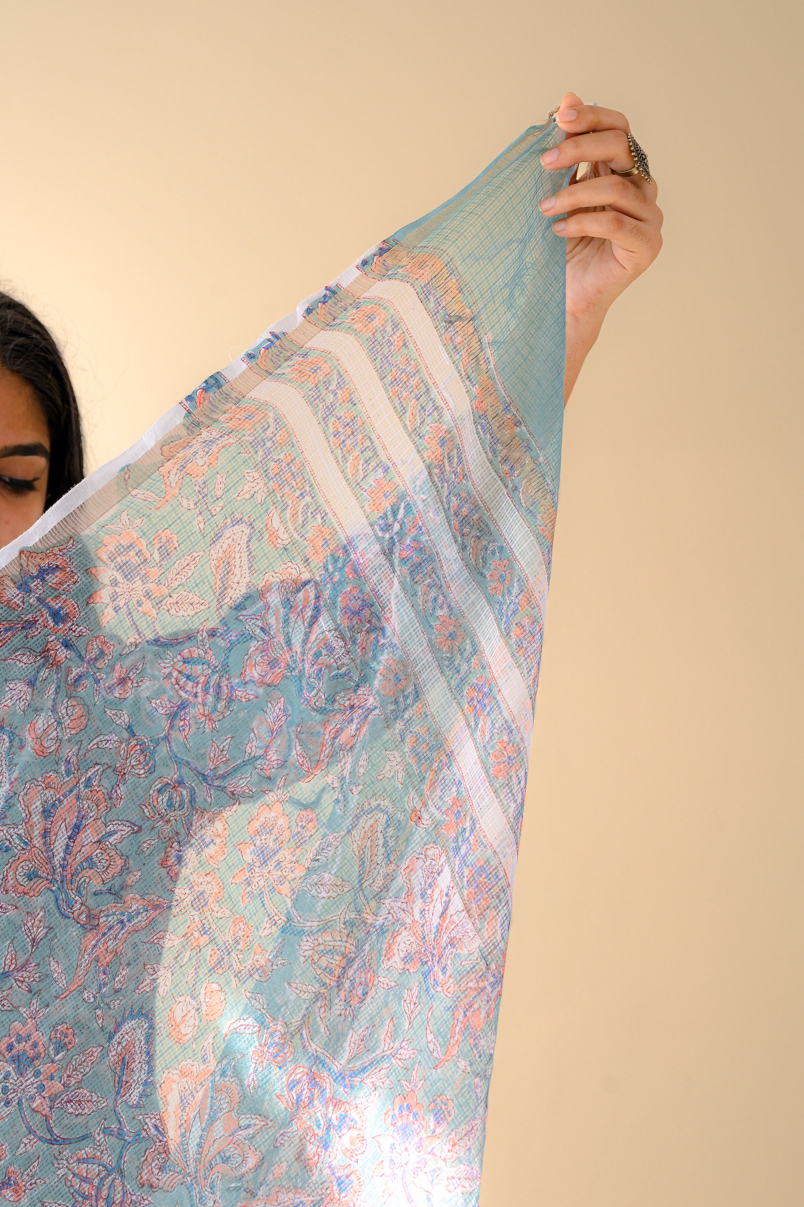 Ferozi Blue Sanganeri Hand Print Kota Doria Dupatta