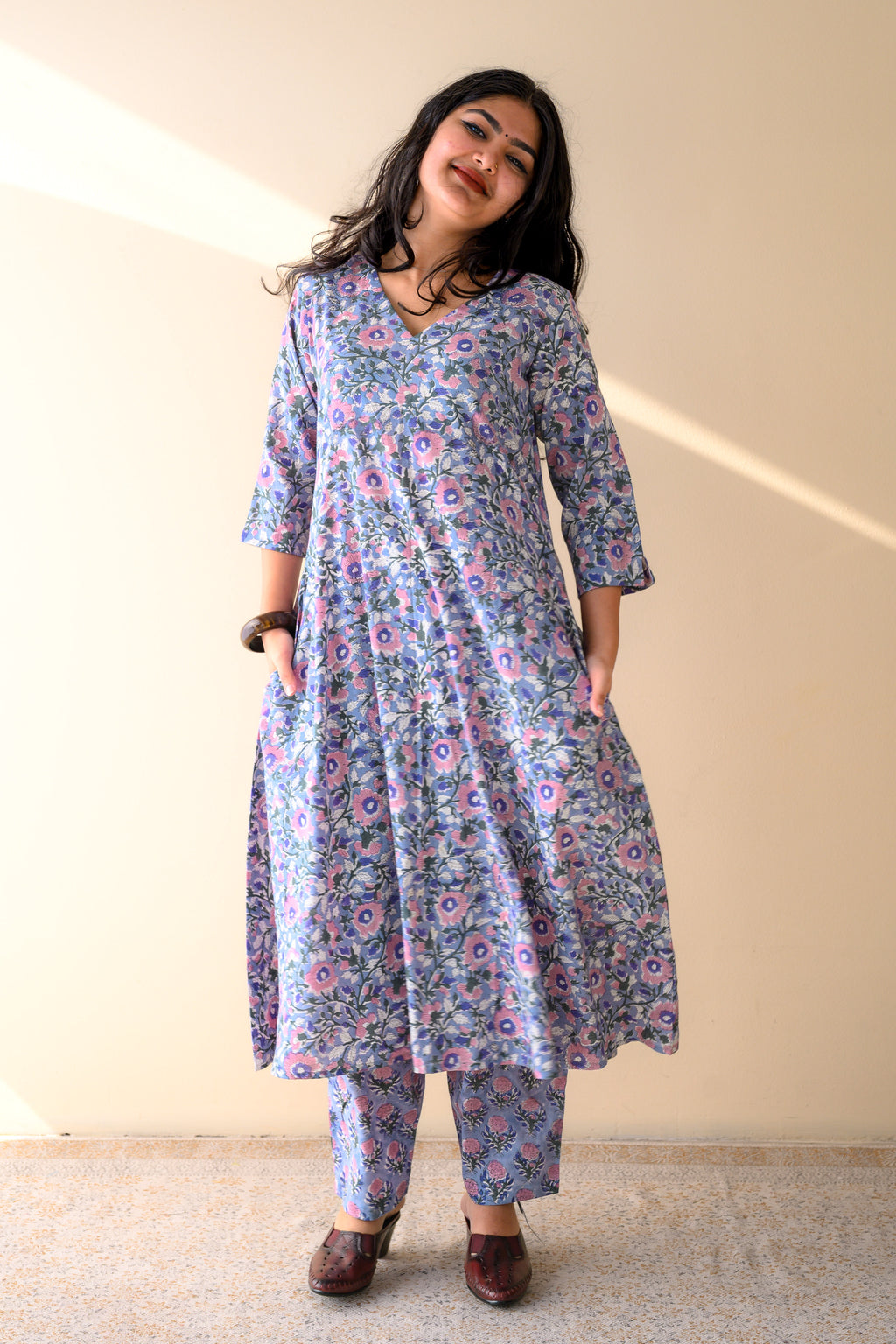 Set of 2- Fiza Blue Sanganeri Cotton Kurta & Pants Set