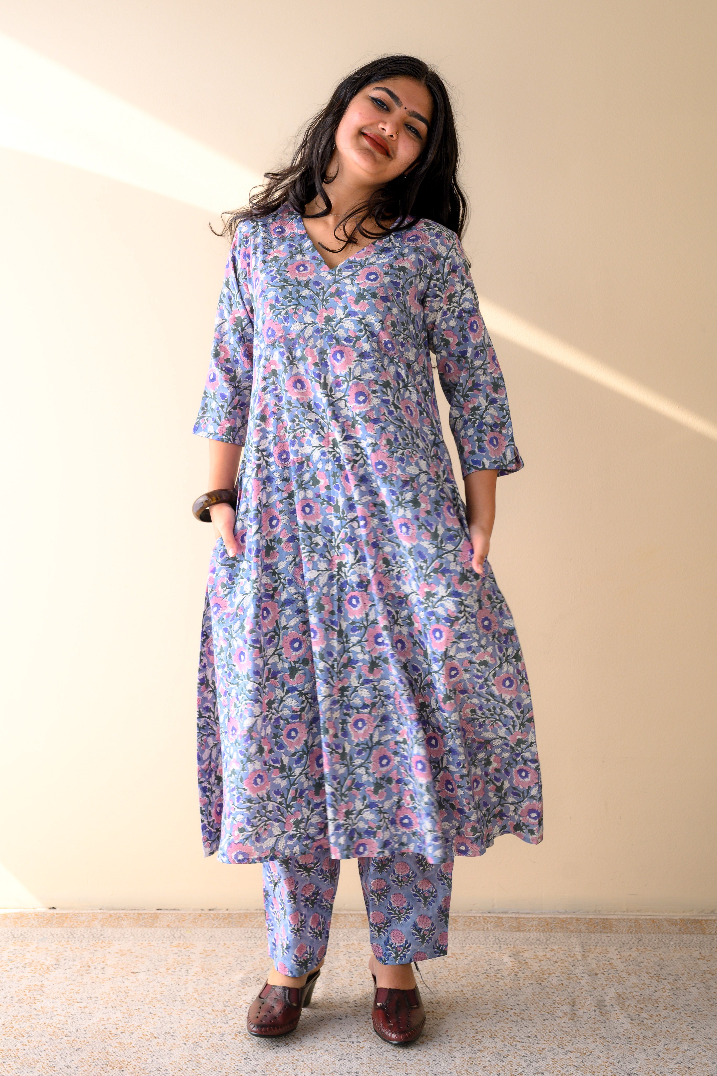 Set of 2- Fiza Blue Sanganeri Cotton Kurta & Pants Set