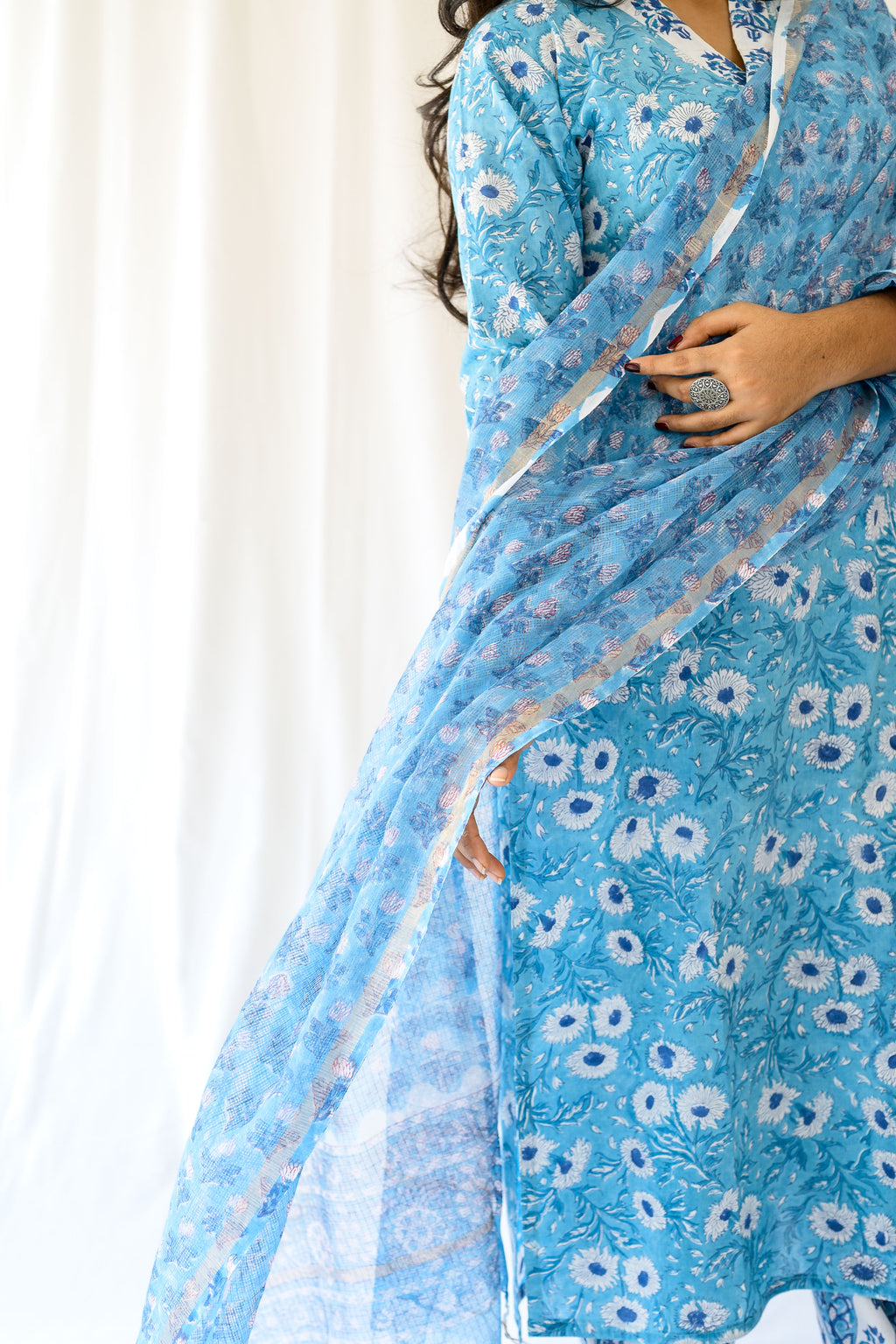 Sorai Sanganeri Handprinted Kota Doria Dupatta