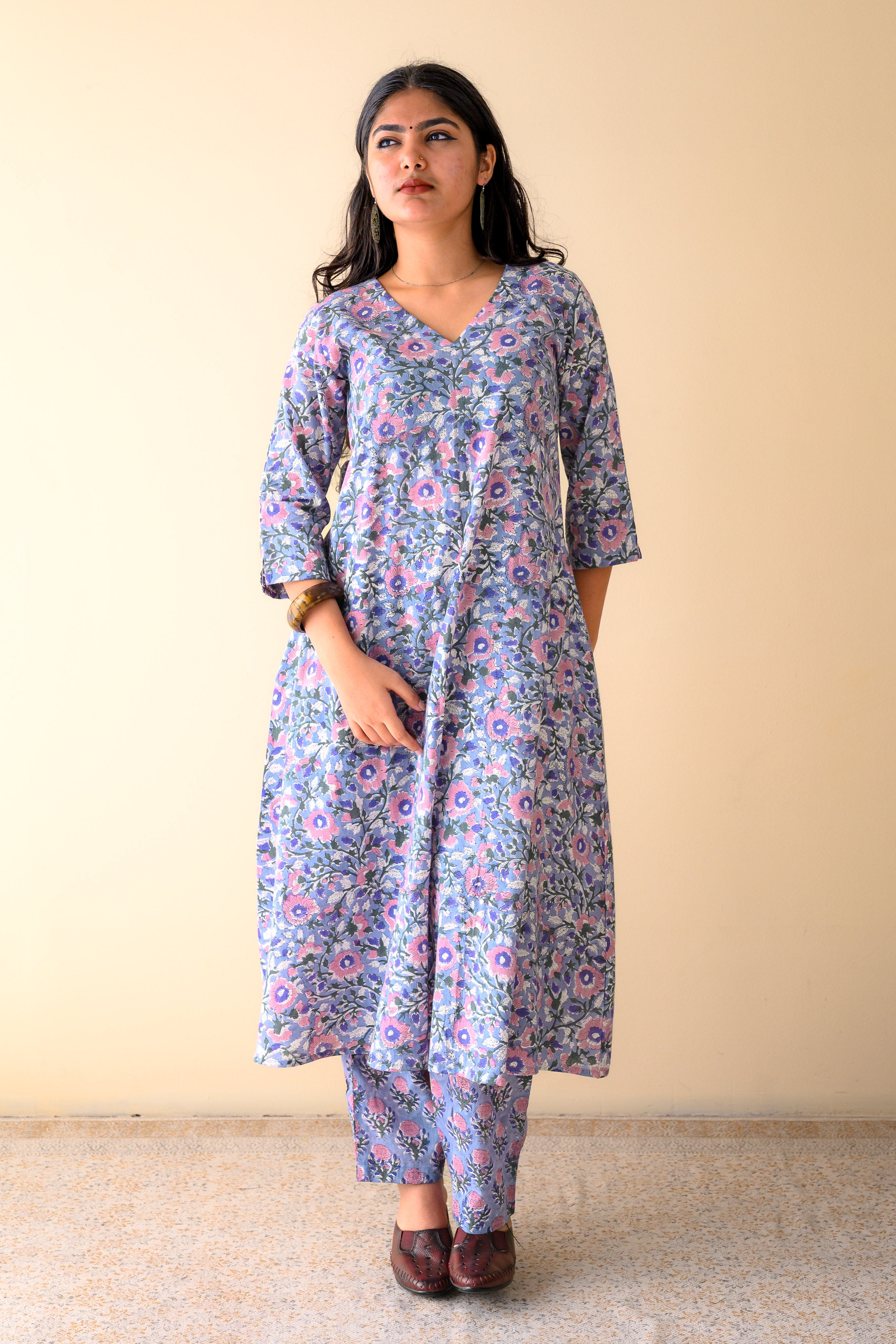 Set of 2- Fiza Blue Sanganeri Cotton Kurta & Pants Set