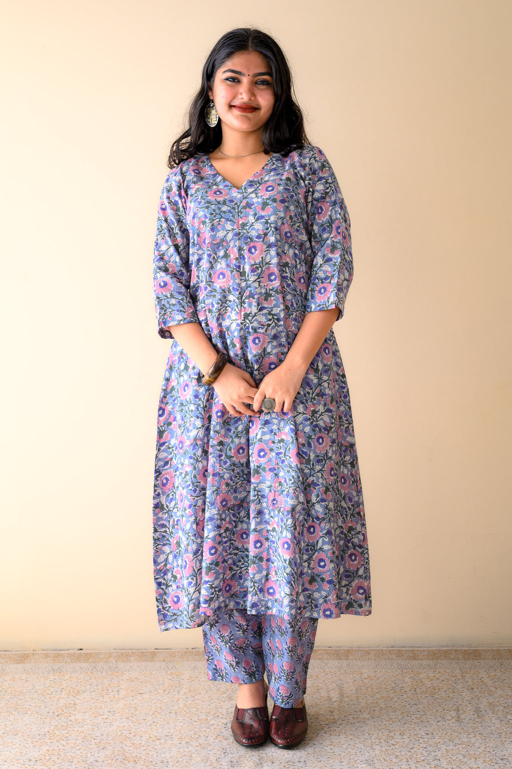 Set of 2- Fiza Blue Sanganeri Cotton Kurta & Pants Set