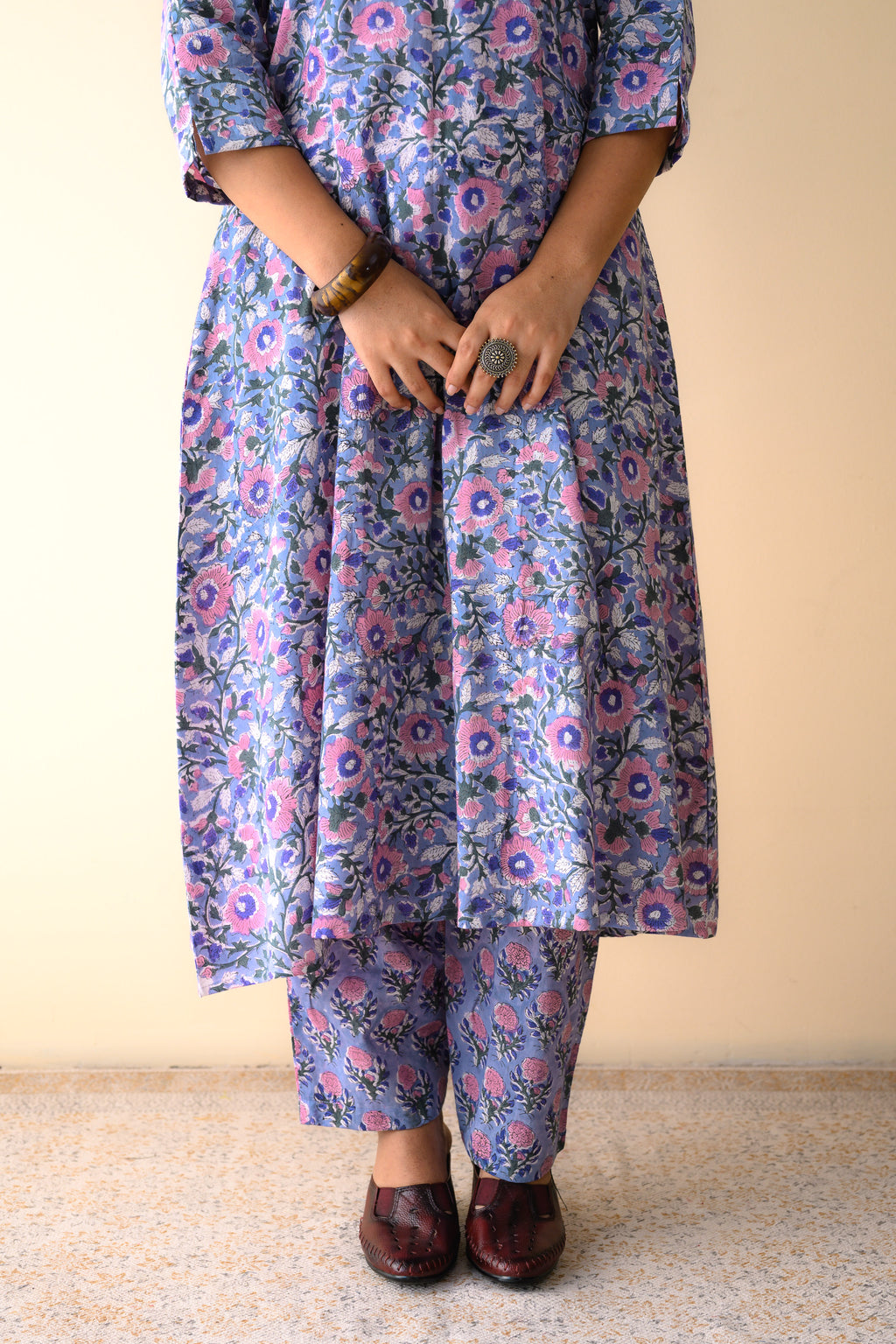 Set of 2- Fiza Blue Sanganeri Cotton Kurta & Pants Set