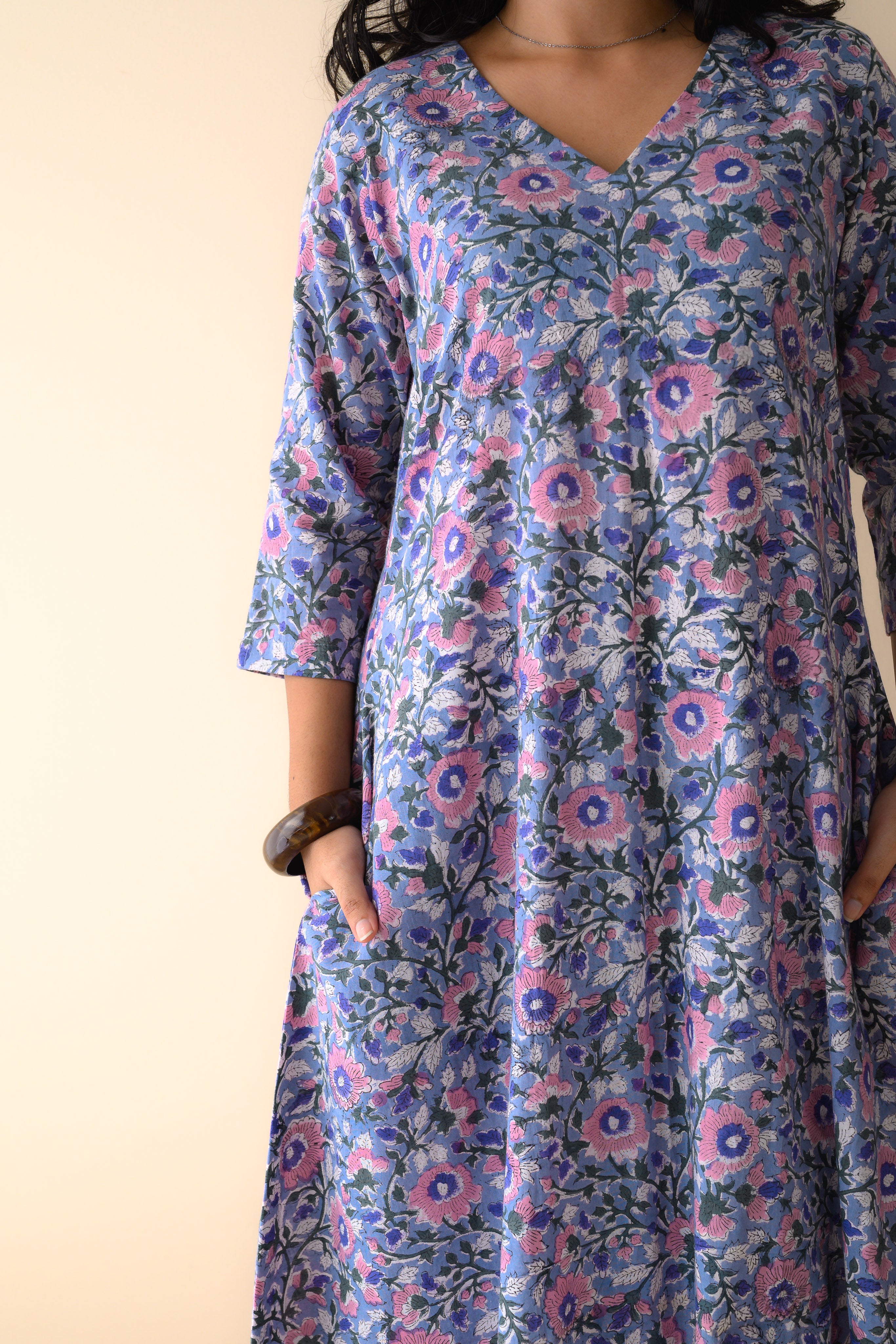 Set of 2- Fiza Blue Sanganeri Cotton Kurta & Pants Set