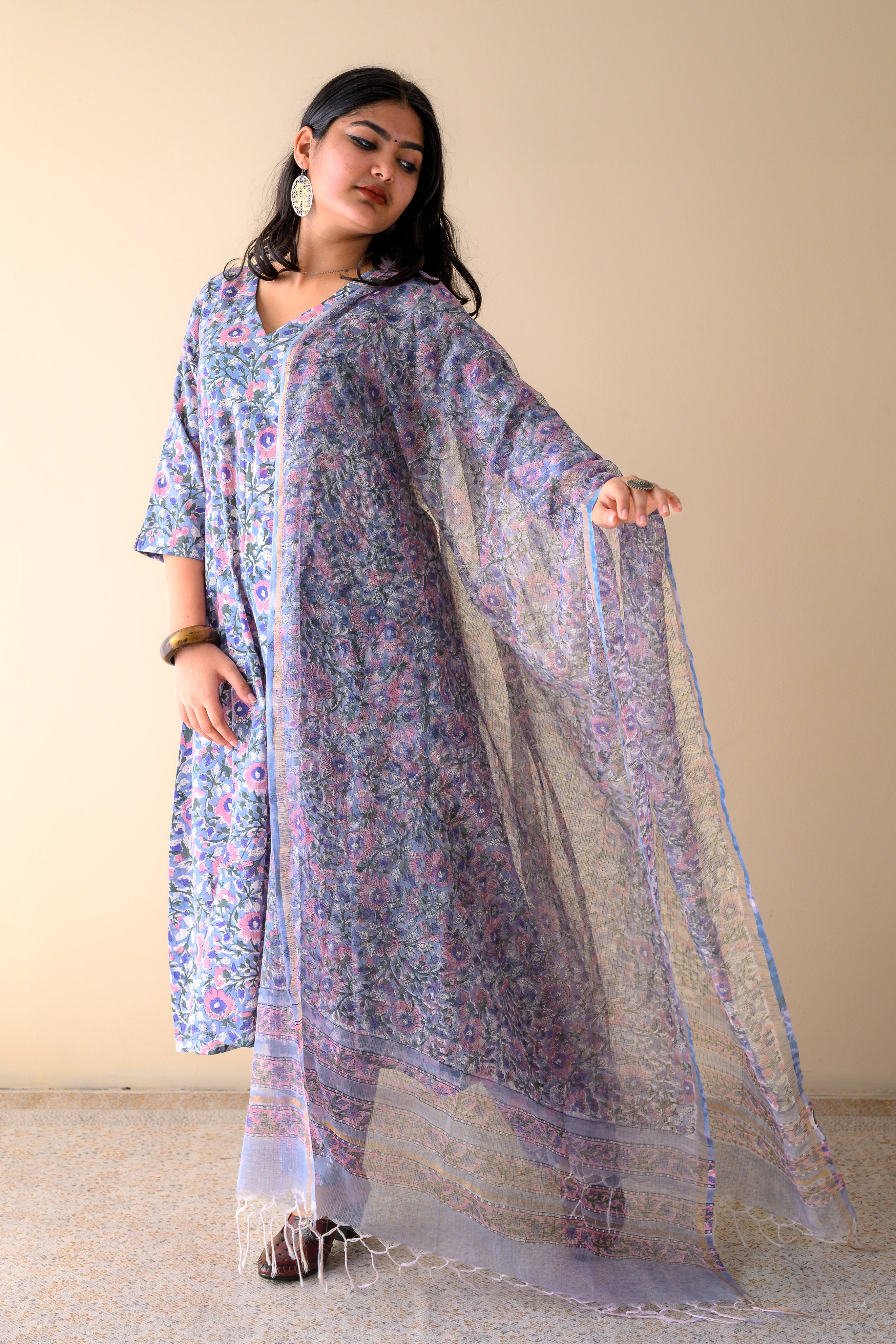 Fiza Crystal Blue Sanganeri Hand Print Kota Doria Dupatta