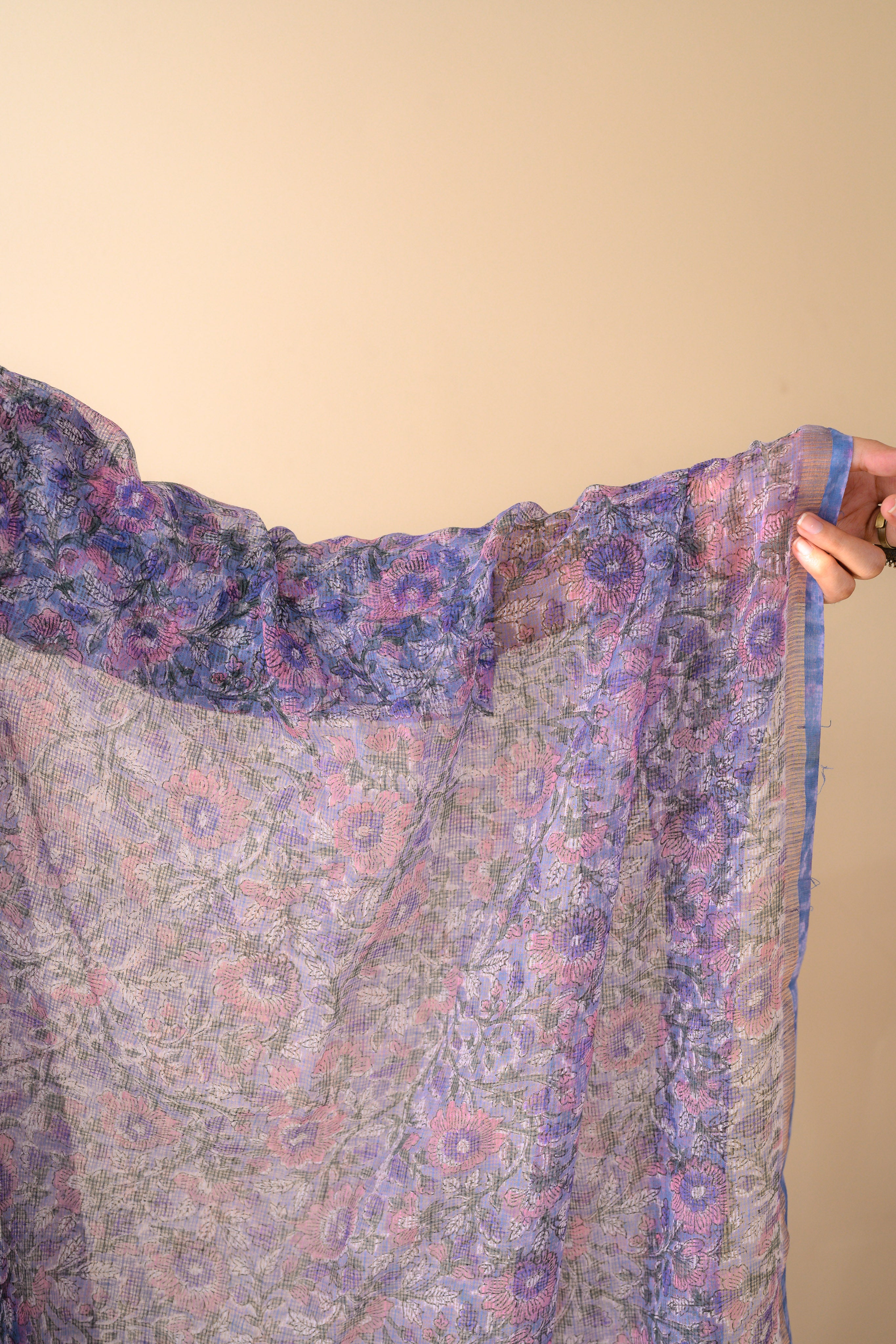 Fiza Crystal Blue Sanganeri Hand Print Kota Doria Dupatta