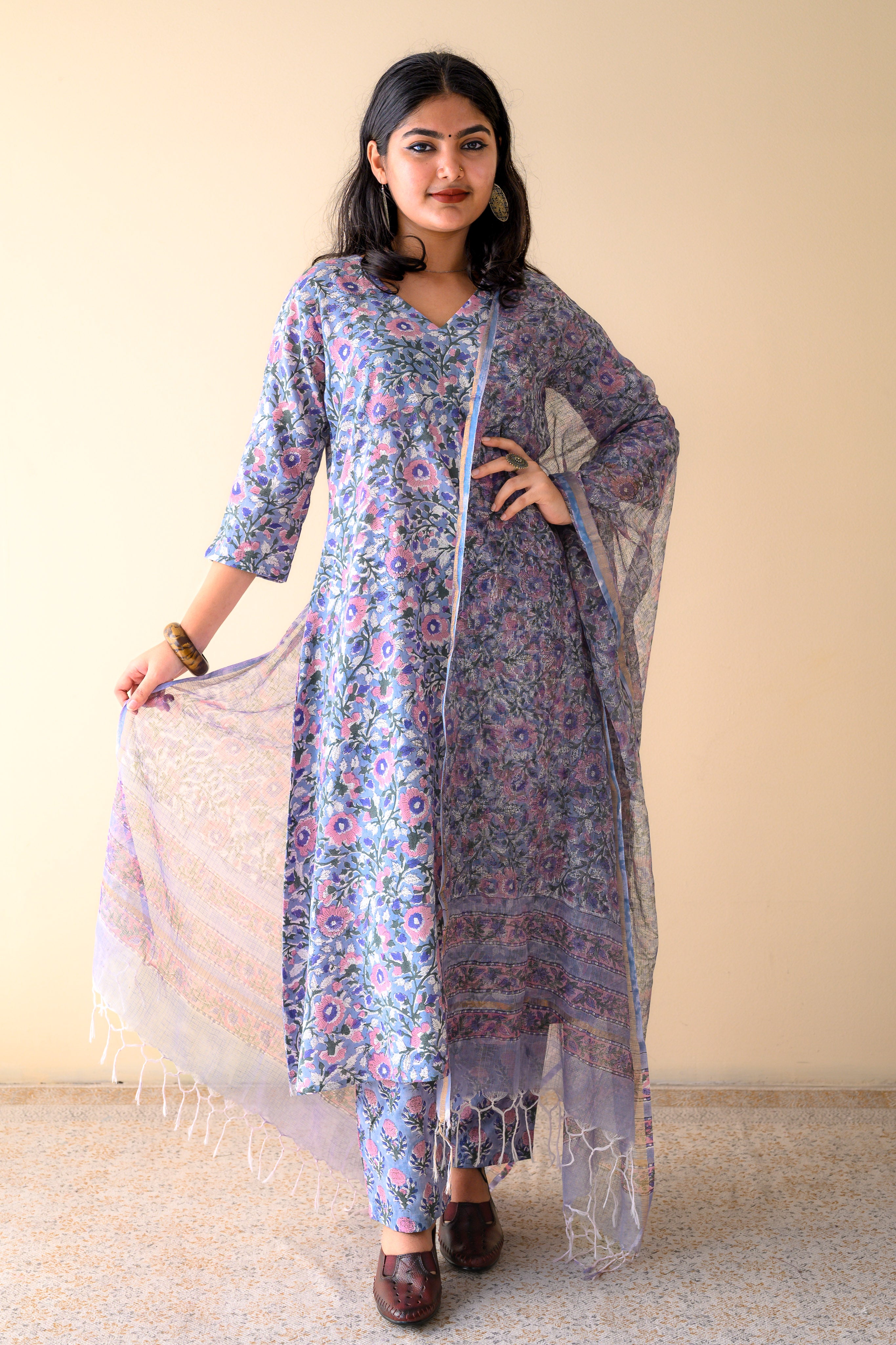 Set of 2- Fiza Blue Sanganeri Cotton Kurta & Pants Set