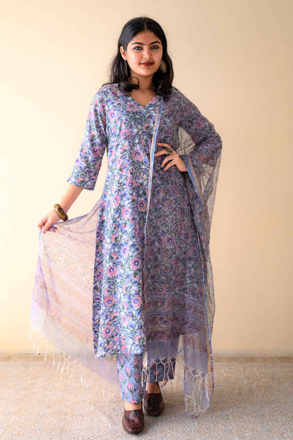 Fiza Crystal Blue Sanganeri Hand Print Kota Doria Dupatta