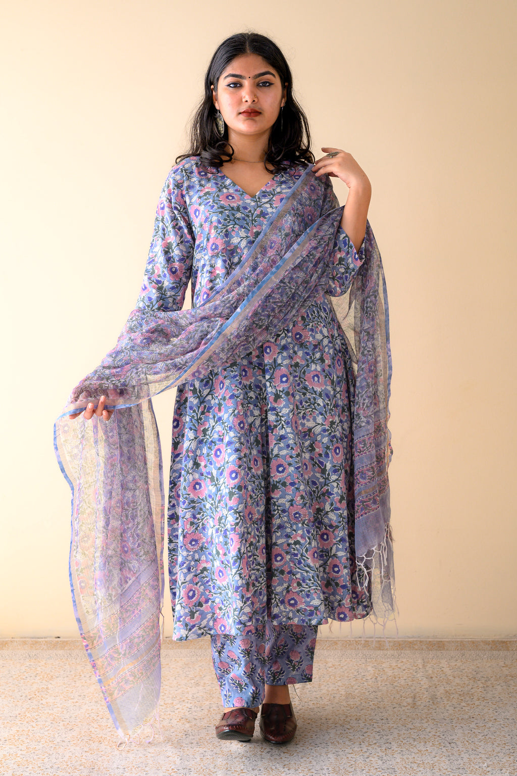 Fiza Crystal Blue Sanganeri Hand Print Kota Doria Dupatta