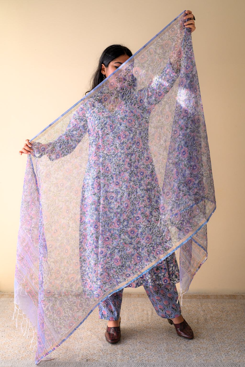 Fiza Crystal Blue Sanganeri Hand Print Kota Doria Dupatta