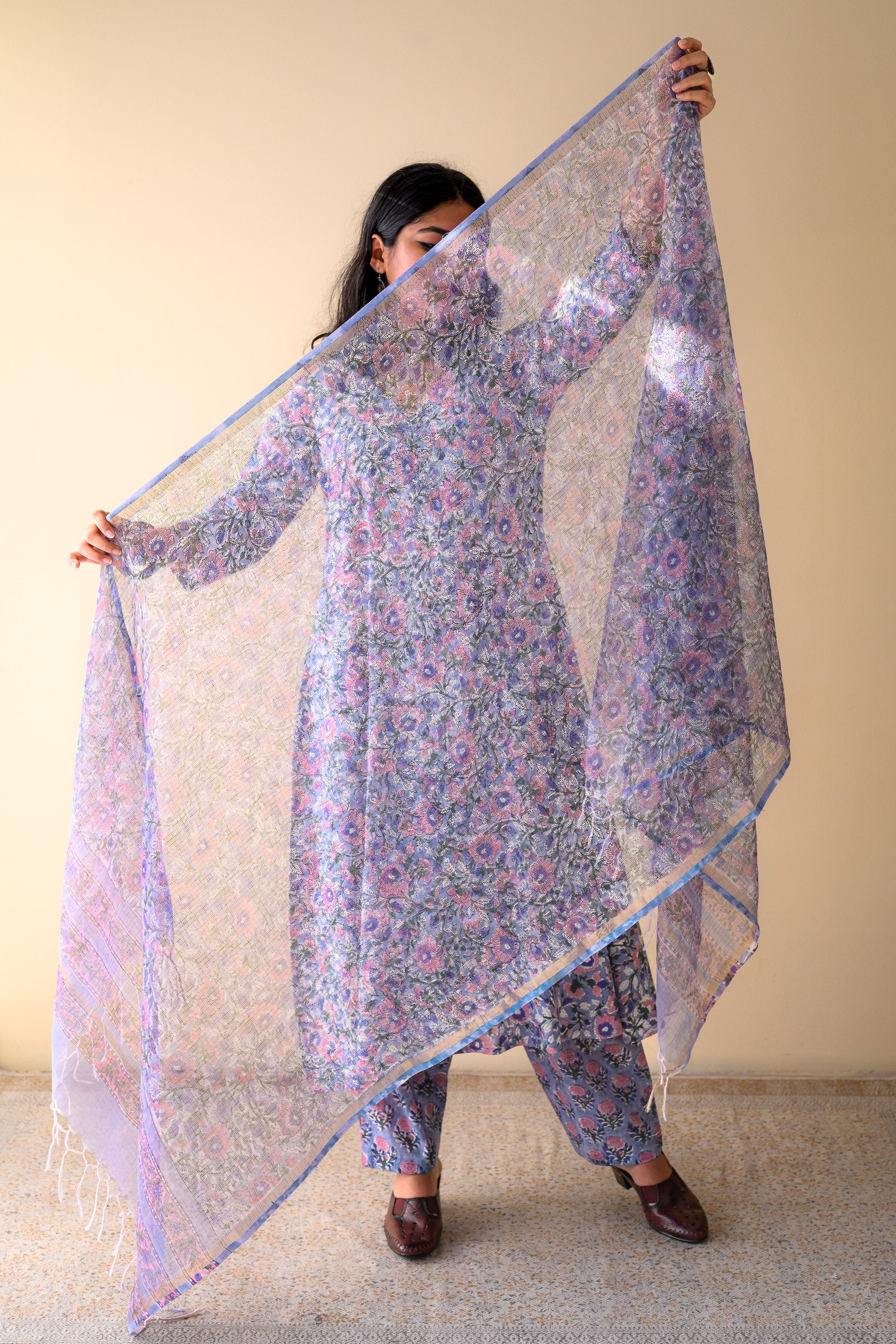 Fiza Crystal Blue Sanganeri Hand Print Kota Doria Dupatta