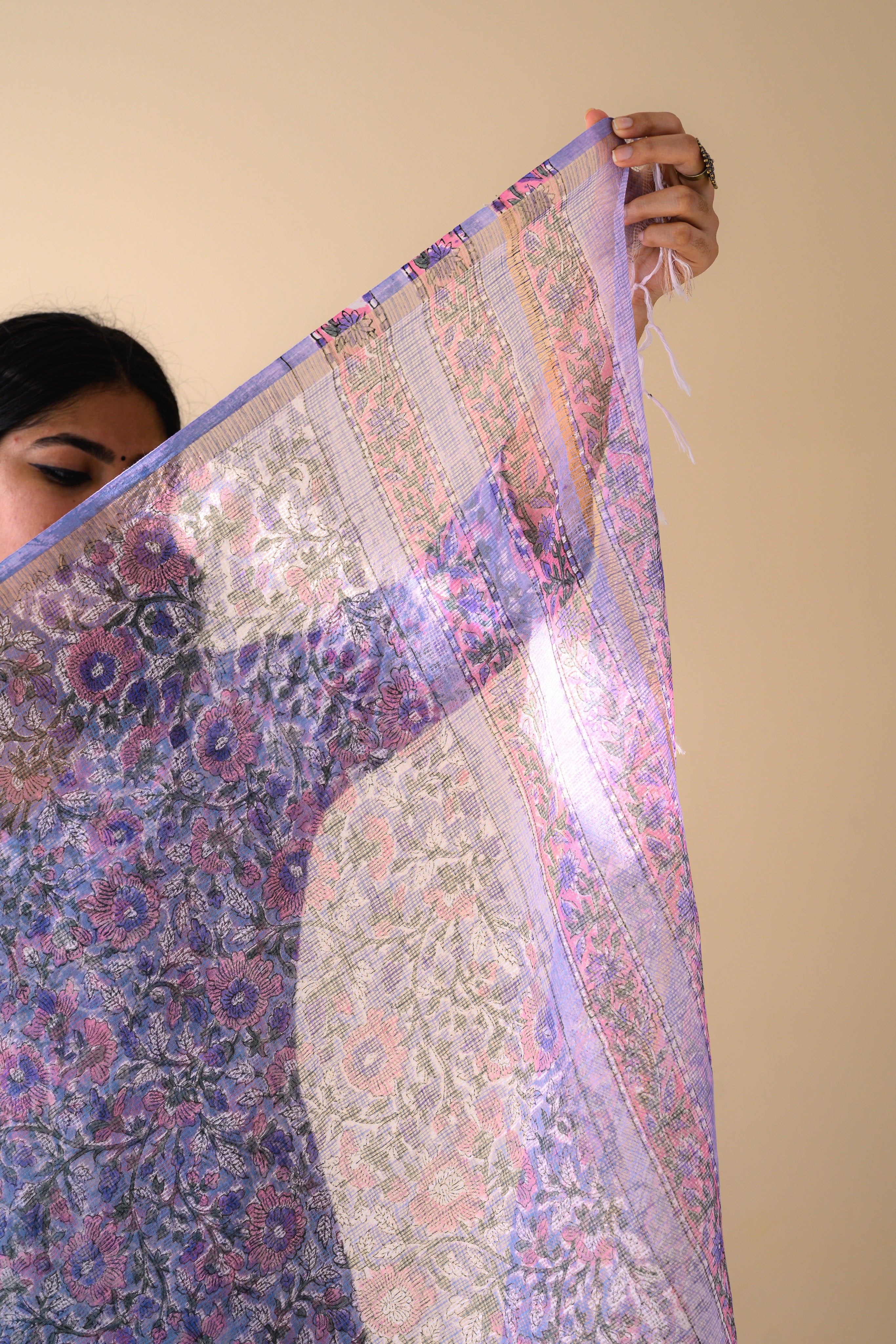 Fiza Crystal Blue Sanganeri Hand Print Kota Doria Dupatta