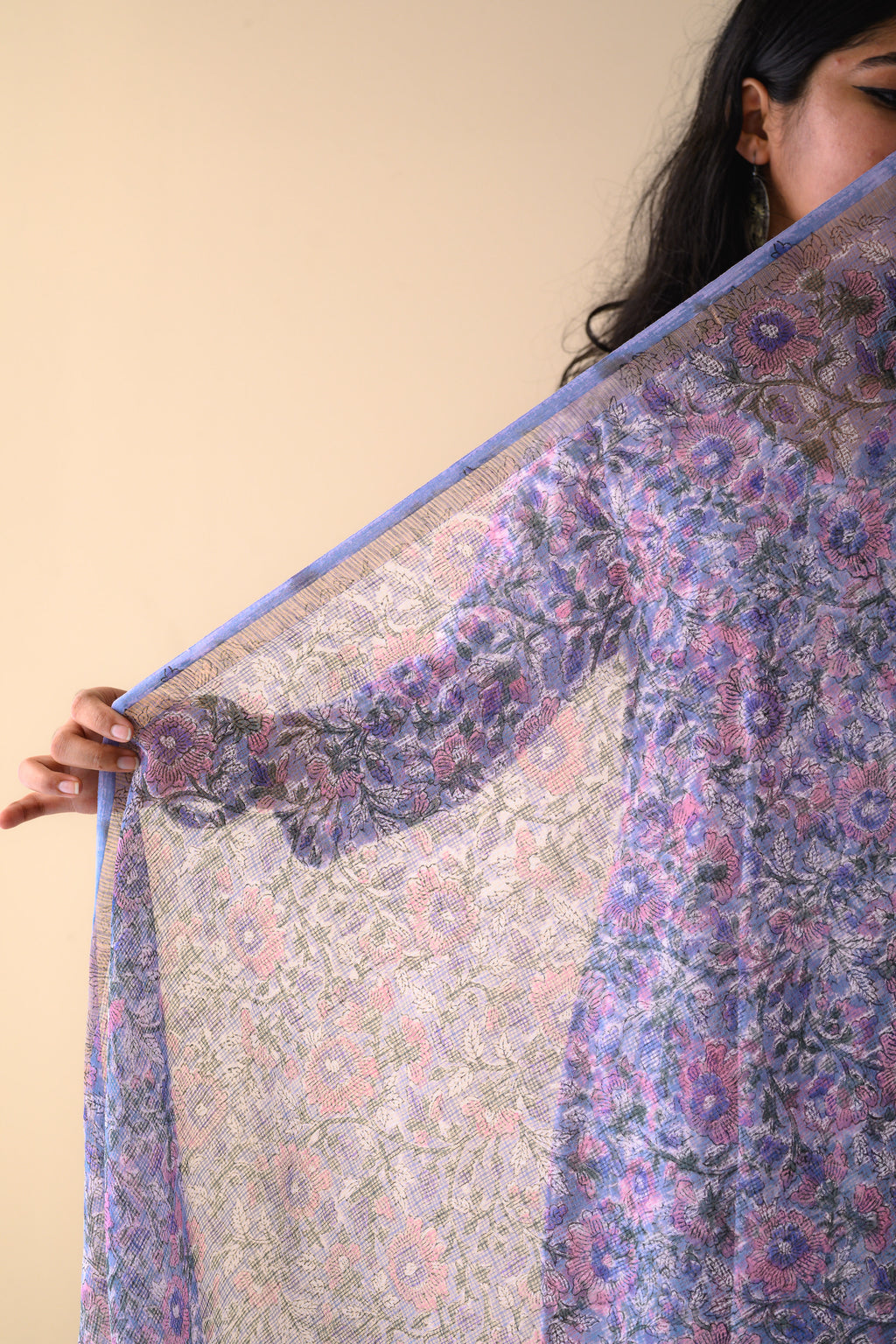 Fiza Crystal Blue Sanganeri Hand Print Kota Doria Dupatta