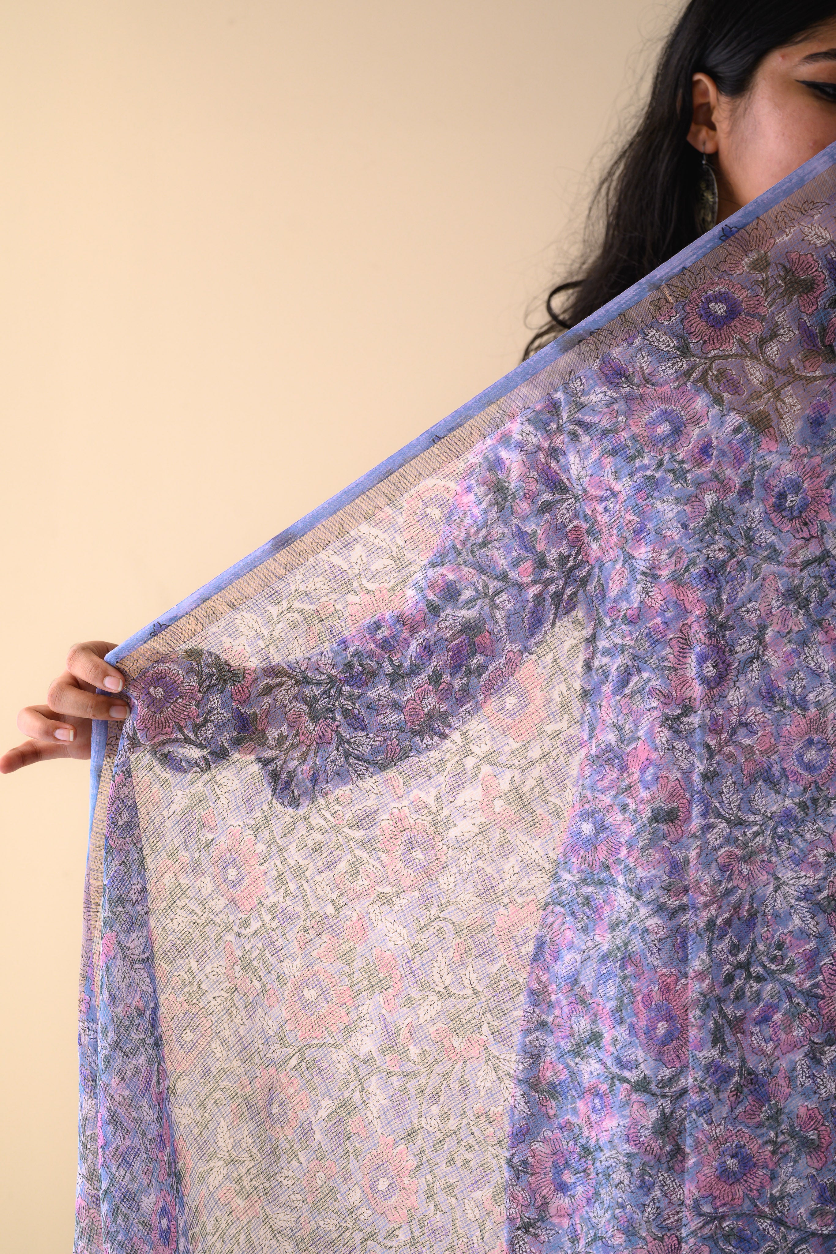 Fiza Crystal Blue Sanganeri Hand Print Kota Doria Dupatta