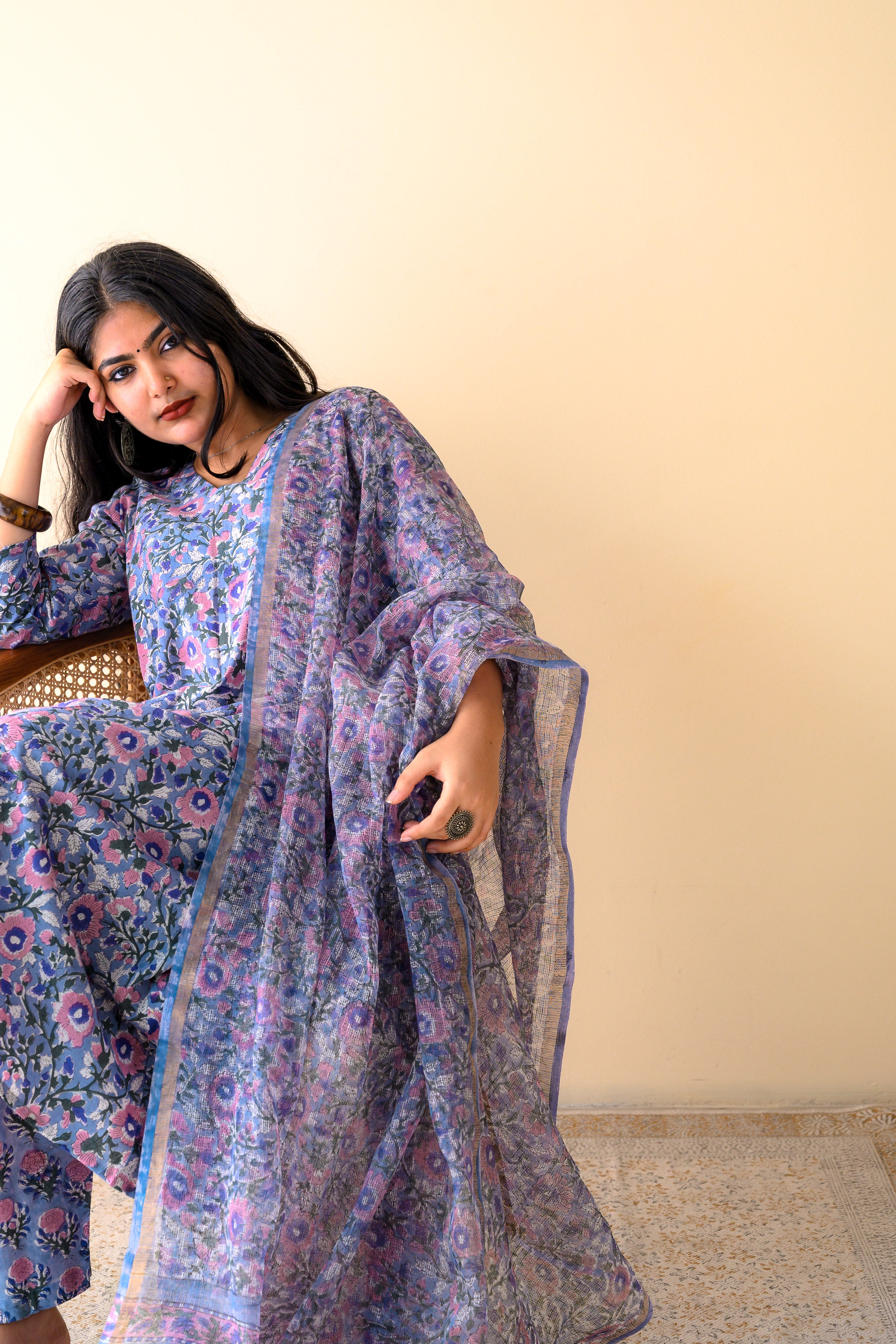 Fiza Crystal Blue Sanganeri Hand Print Kota Doria Dupatta