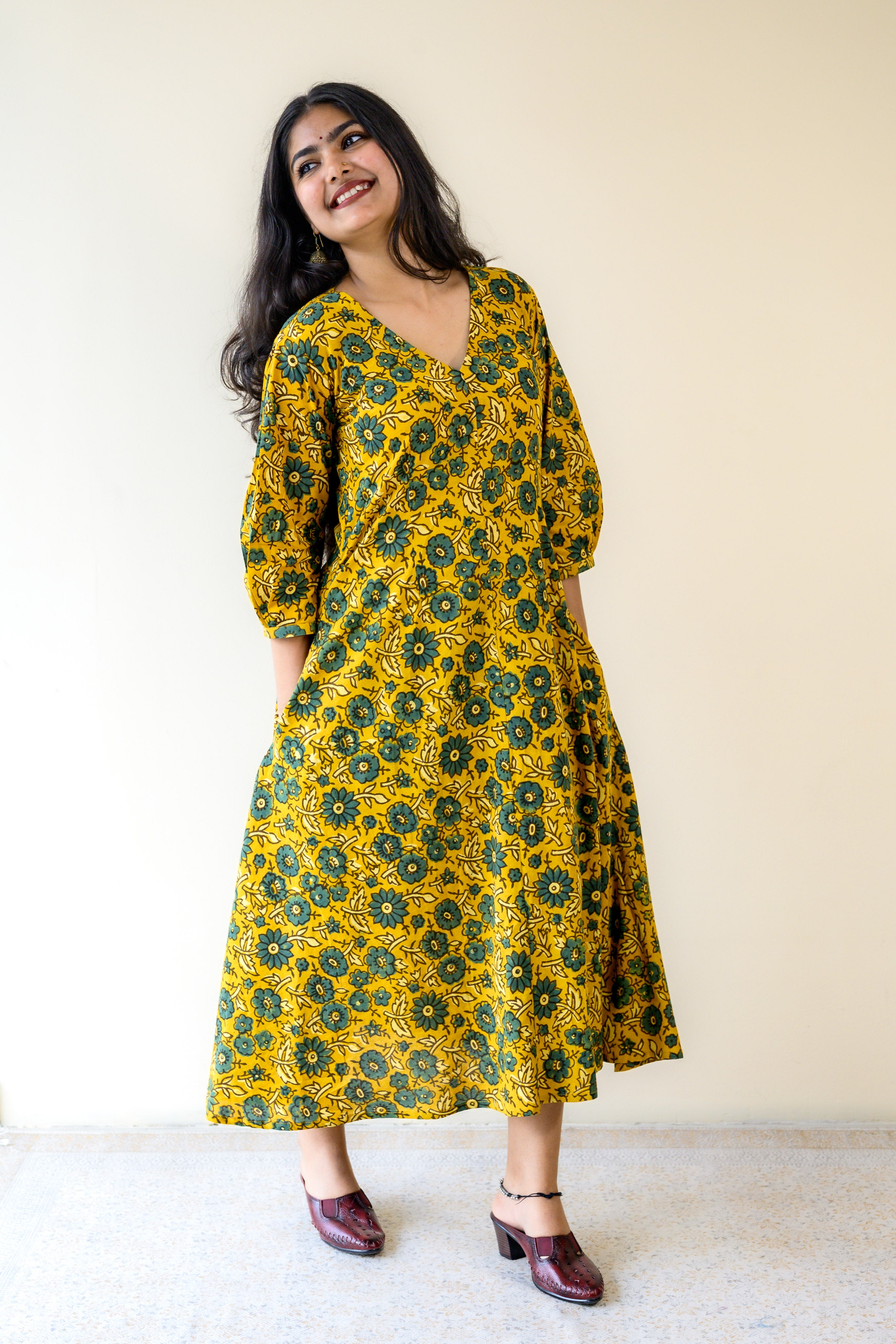 Haldi Blooms Ajrakh Fit & Flare Dress