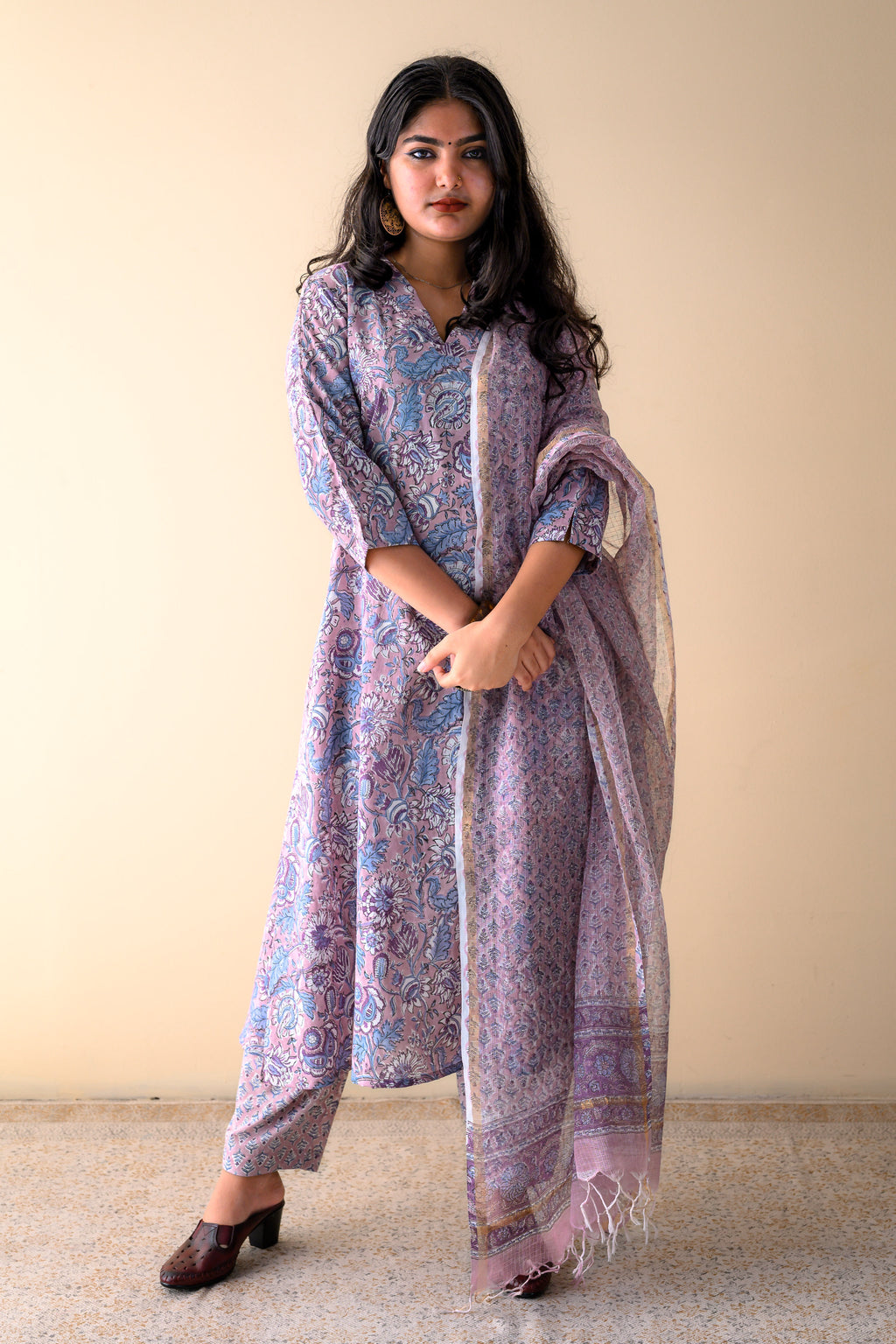 Arzoo Onion Pink Sanganeri Hand Print Kota Doria Dupatta