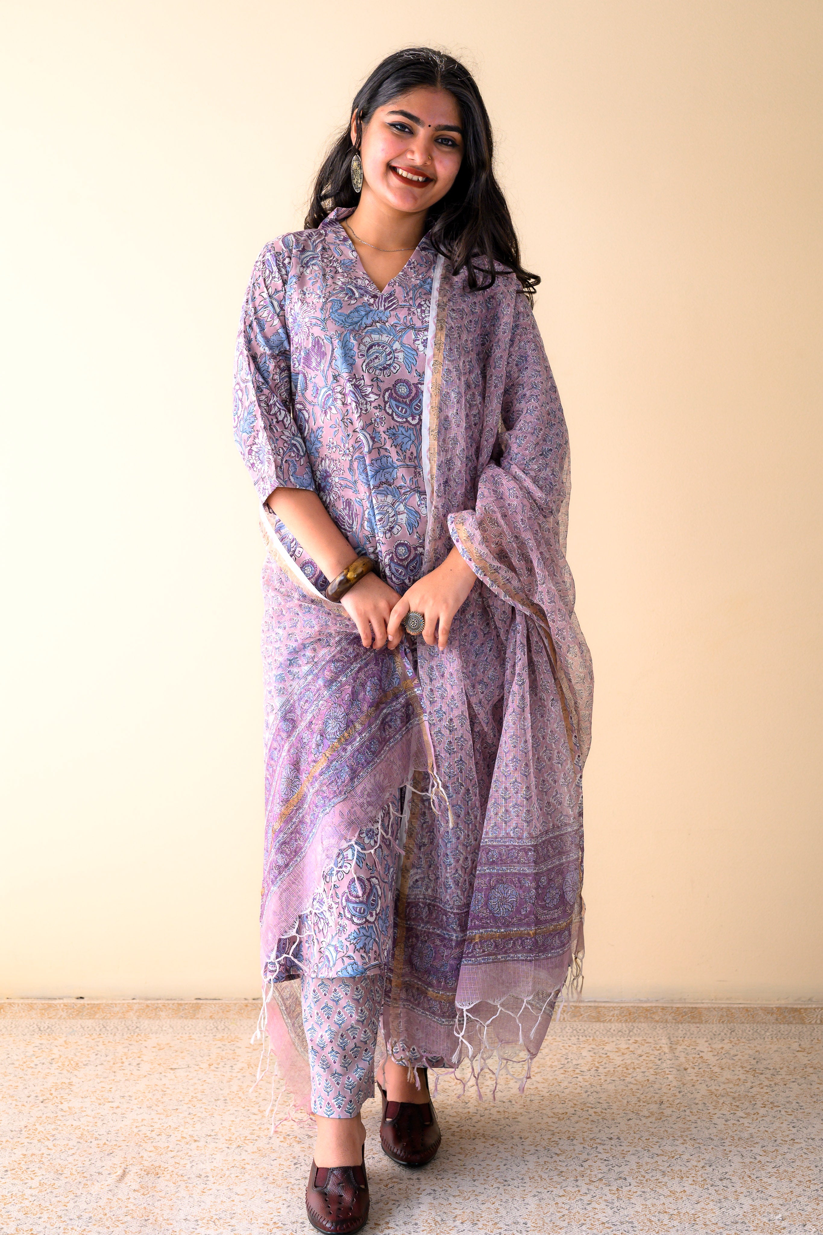 Set of 2- Arzoo Onion Pink Sanganeri Cotton Kurta & Pants Set