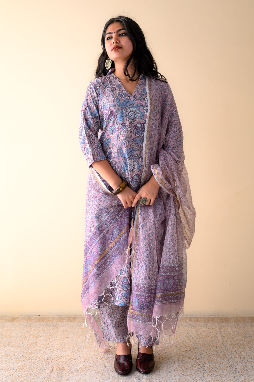 Arzoo Onion Pink Sanganeri Hand Print Kota Doria Dupatta