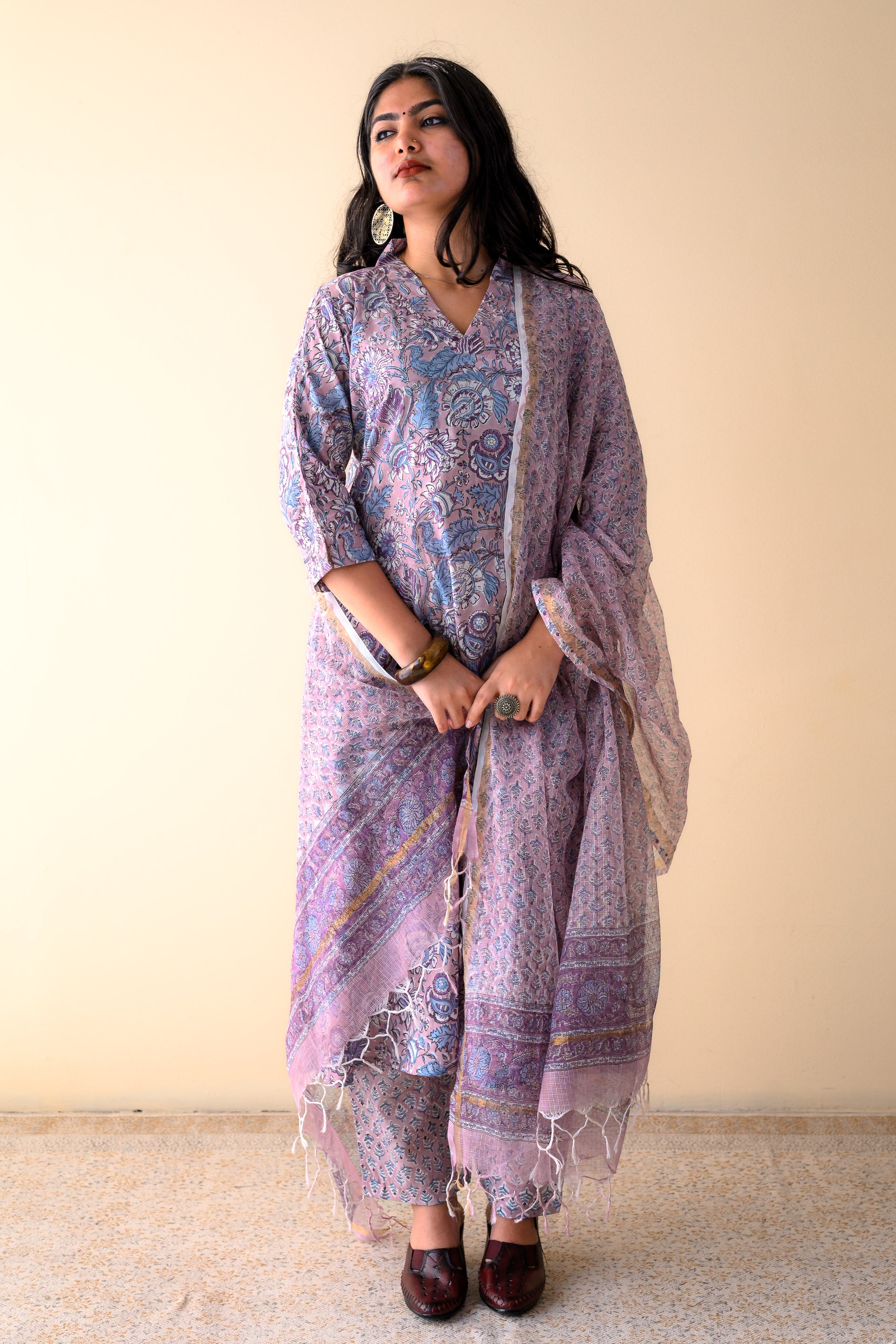 Arzoo Onion Pink Sanganeri Hand Print Kota Doria Dupatta