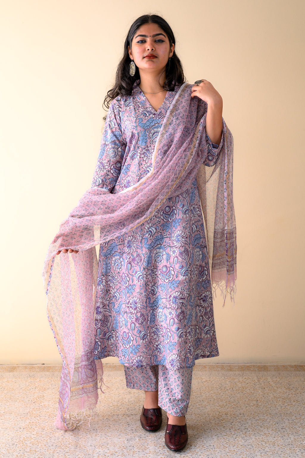 Set of 2- Arzoo Onion Pink Sanganeri Cotton Kurta & Pants Set