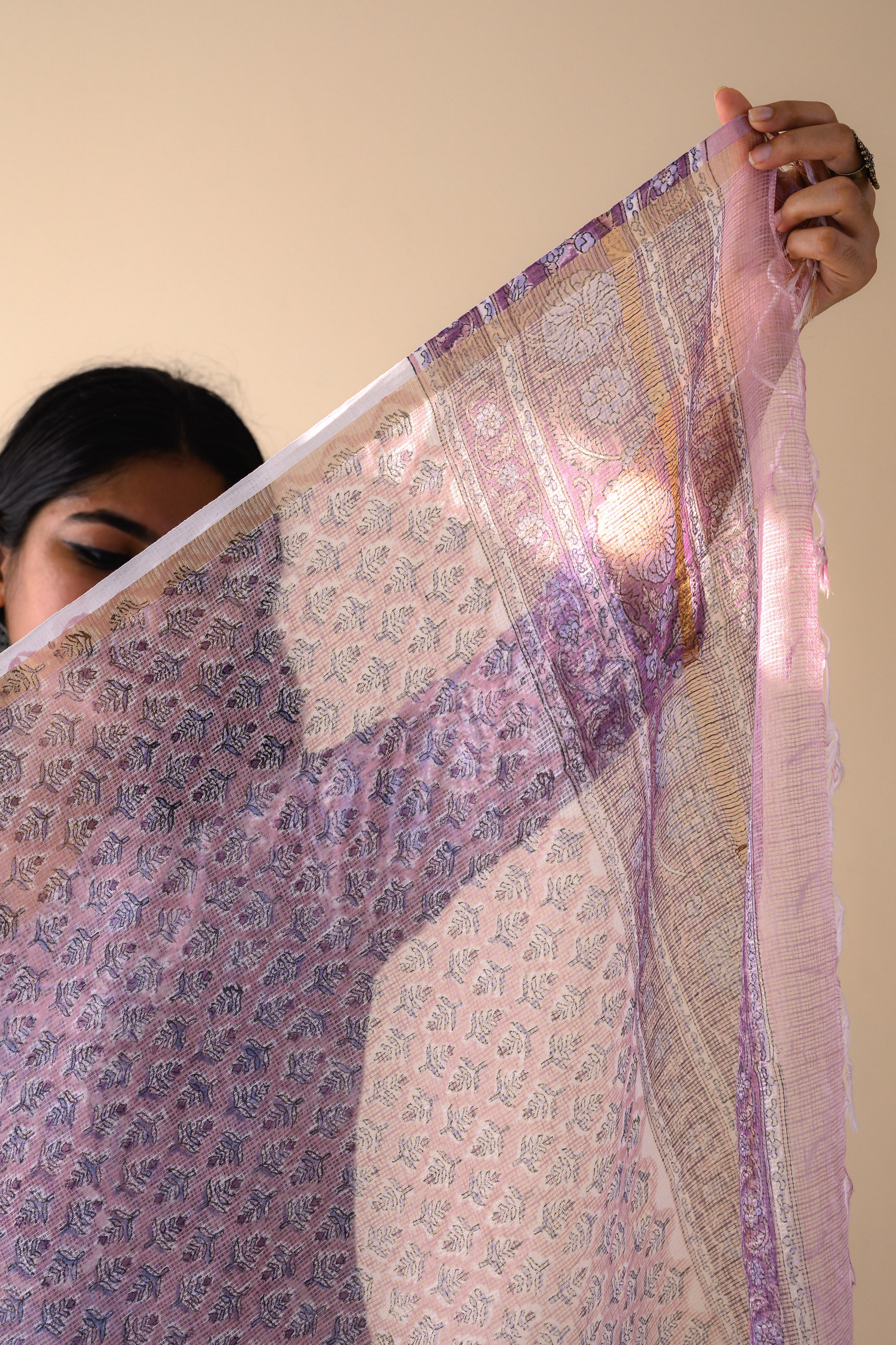 Arzoo Onion Pink Sanganeri Hand Print Kota Doria Dupatta