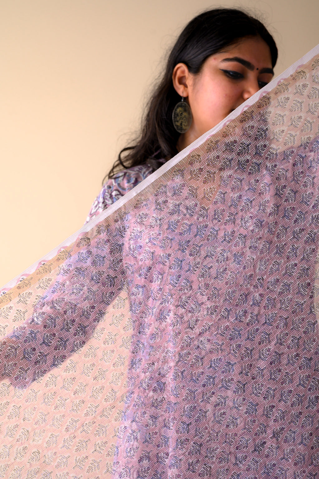 Arzoo Onion Pink Sanganeri Hand Print Kota Doria Dupatta