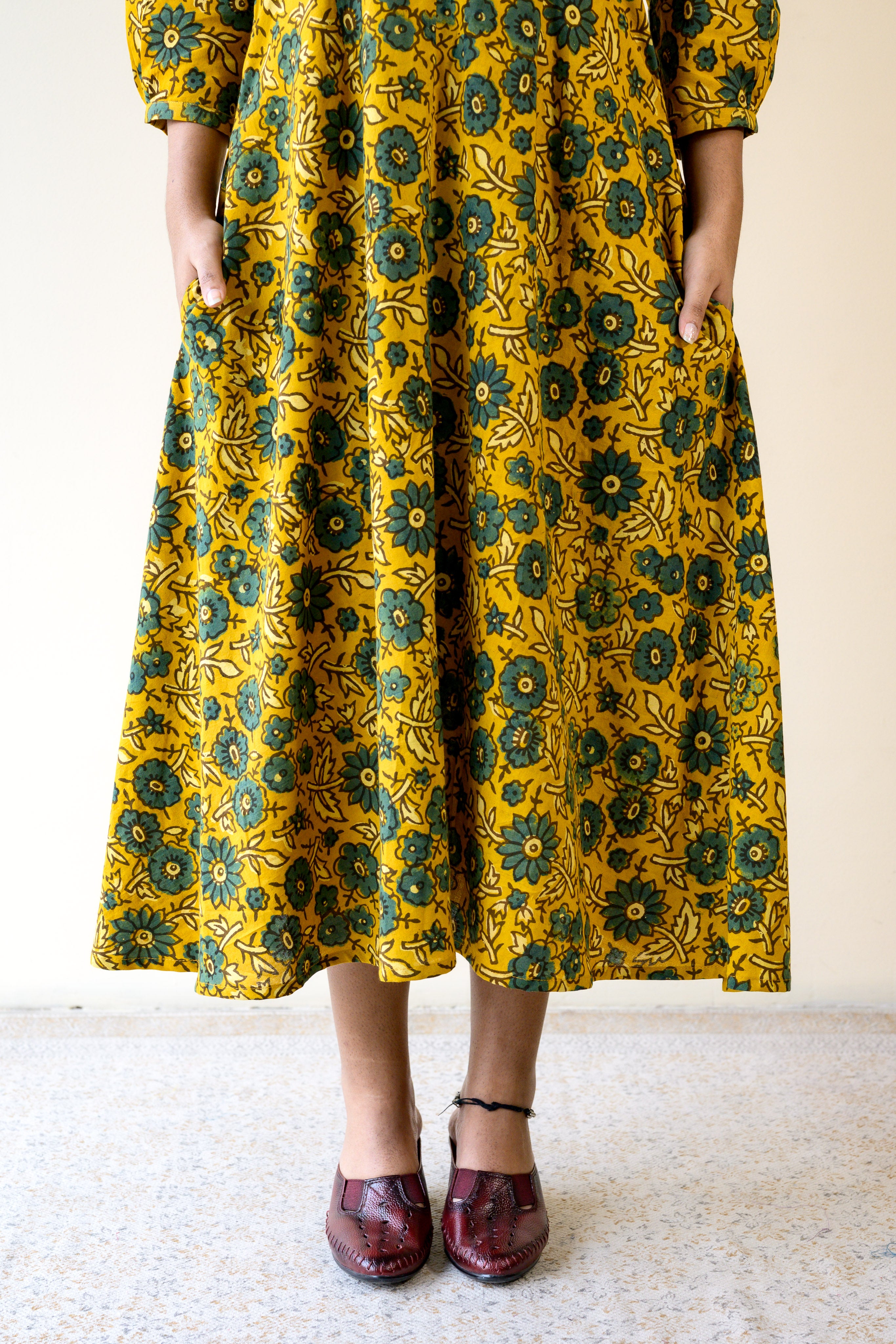 Haldi Blooms Ajrakh Cotton Aline Flared Dress- Lobha Deepthis