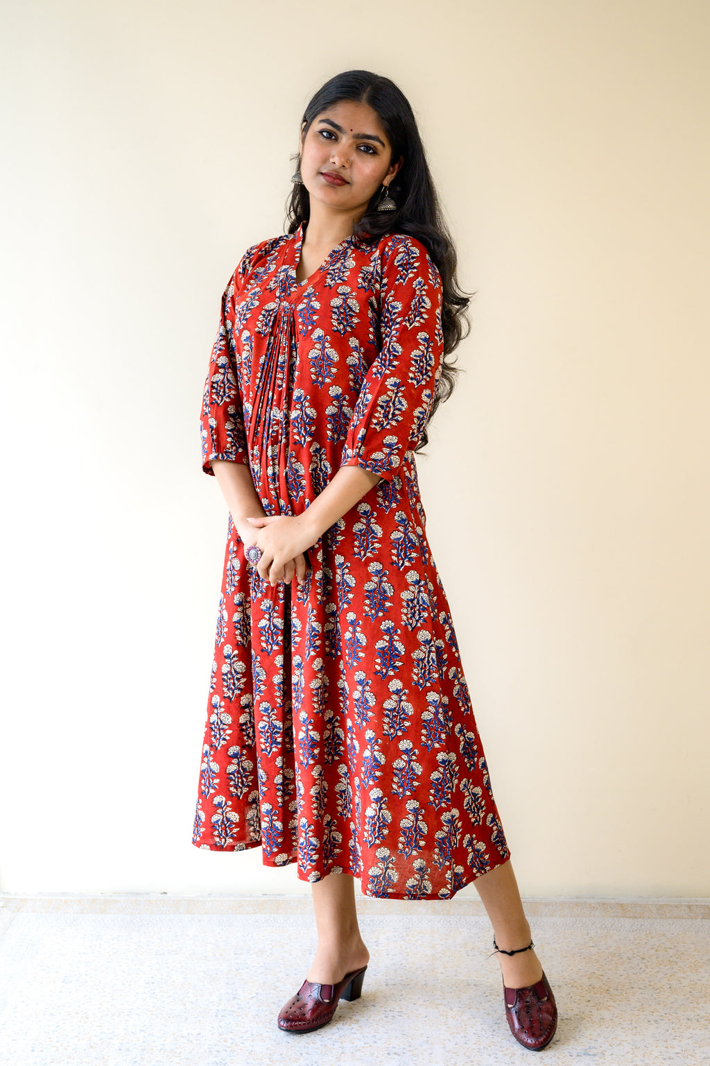 Red Blooms Bagru Front Pleated Dress