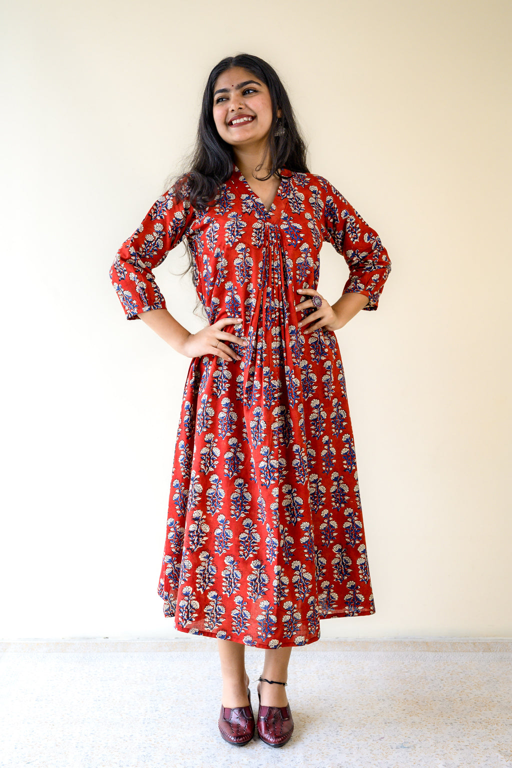 Red Blooms Bagru Front Pleated Dress