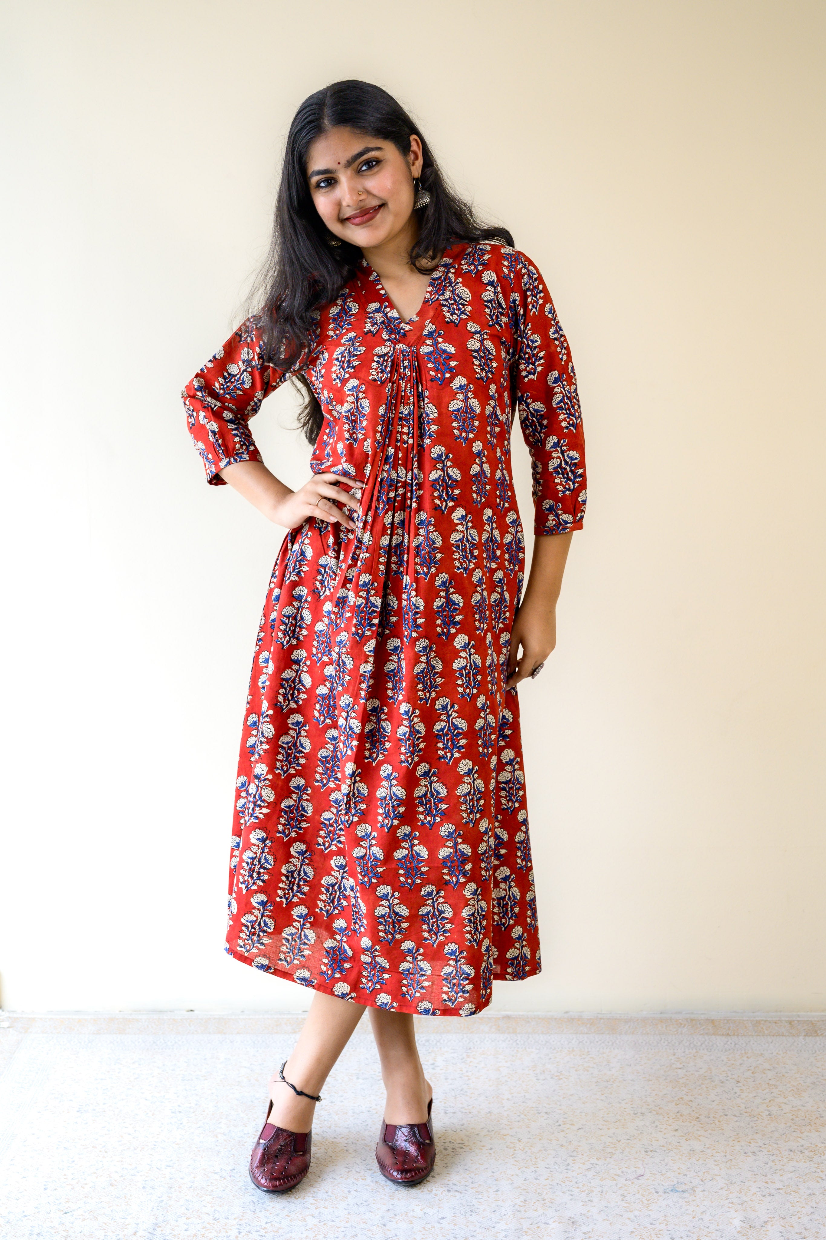 Red Blooms Bagru Front Pleated Dress