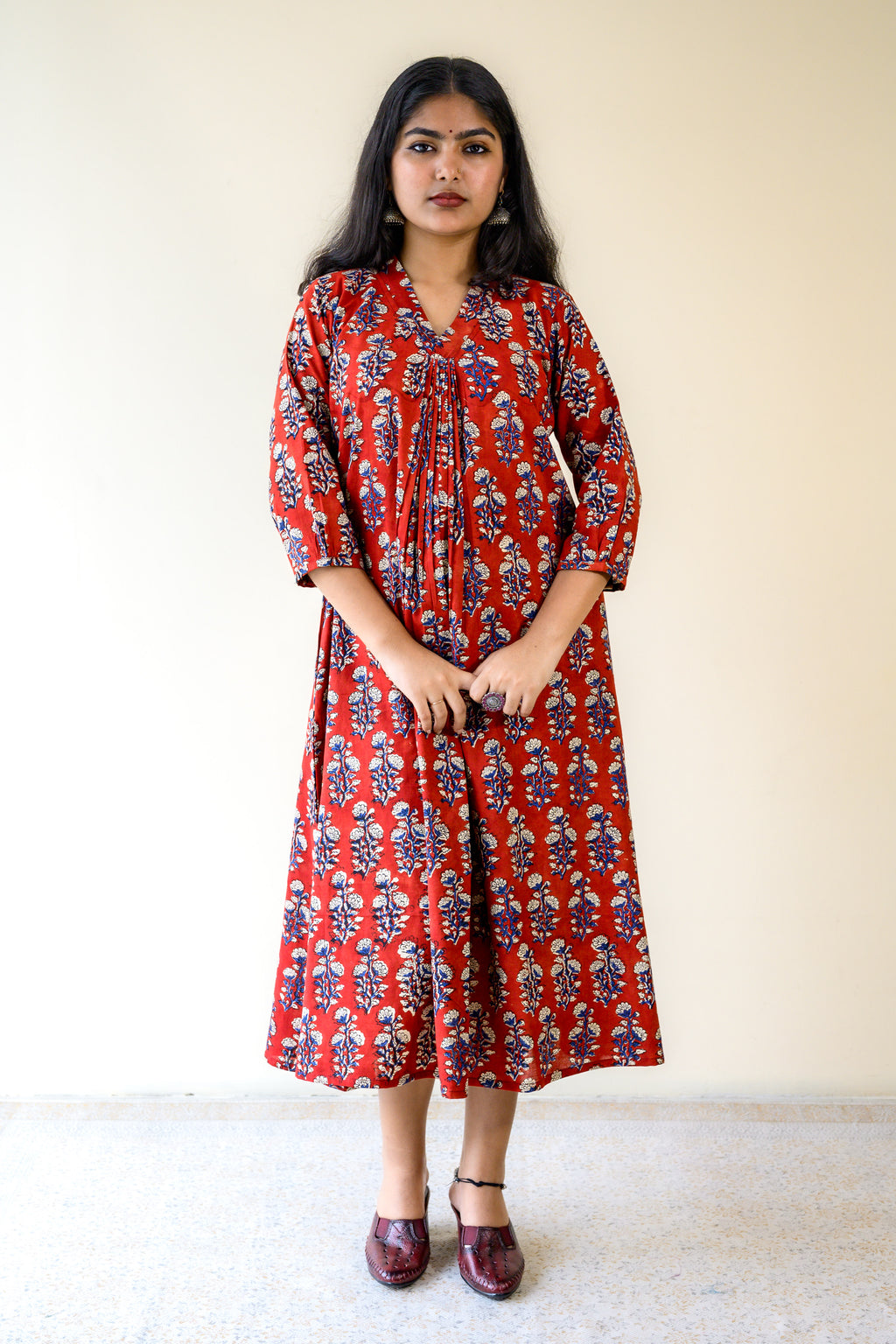 Red Blooms Bagru Front Pleated Dress