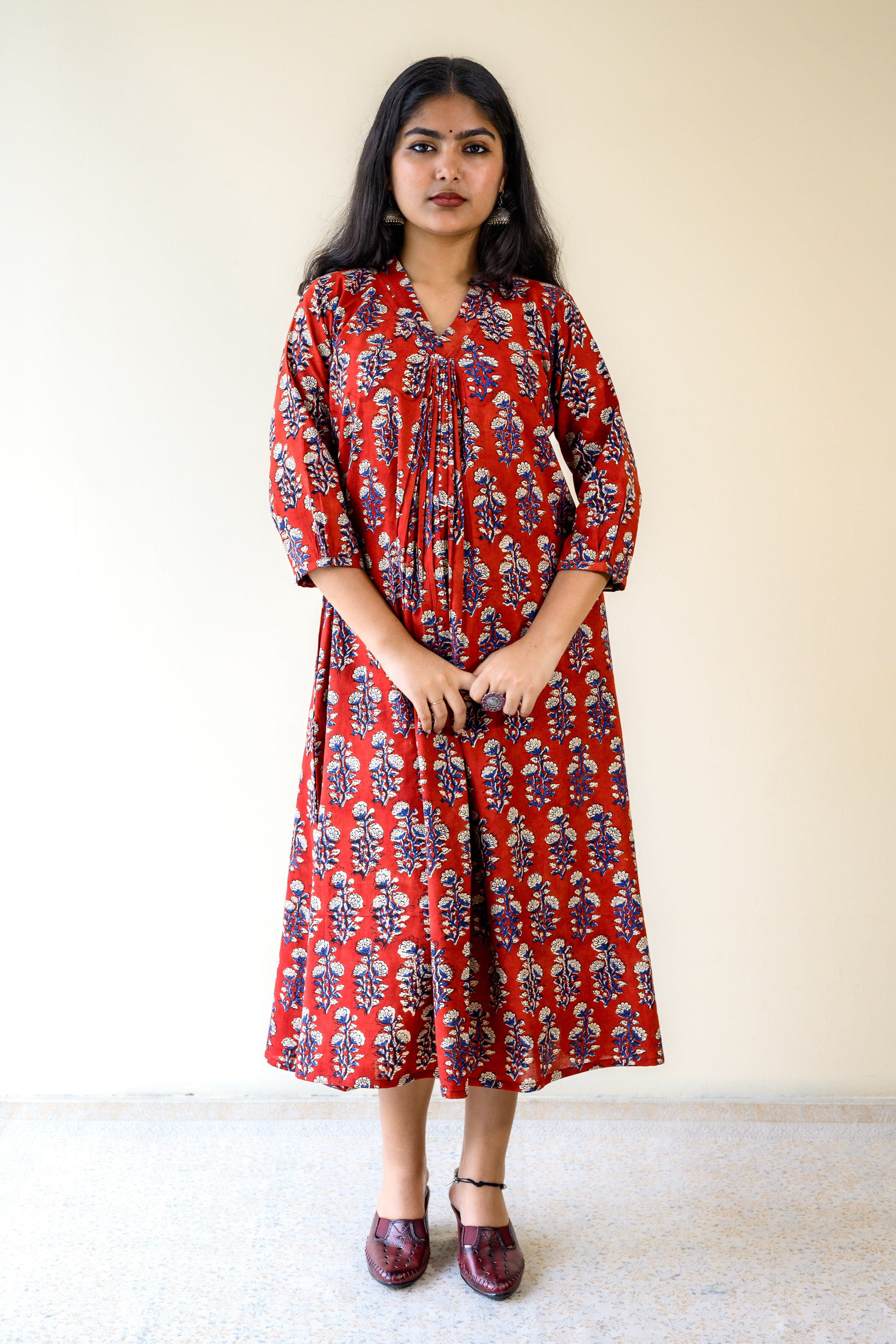 Red Blooms Bagru Front Pleated Dress